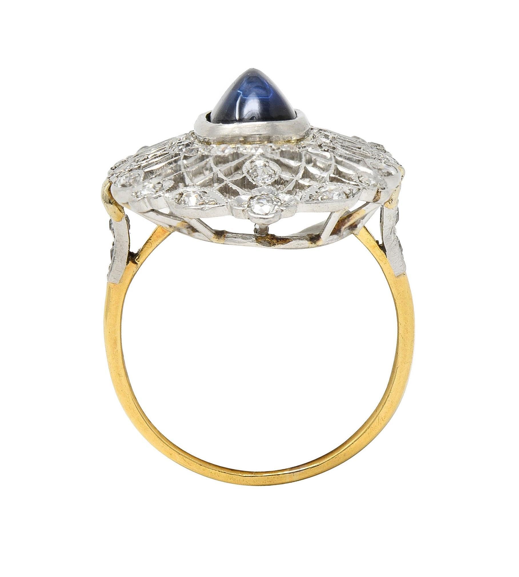 Belle Epoque No Heat Ceylon Sapphire Diamond Platinum 18 Karat Gold Antique Ring For Sale 2
