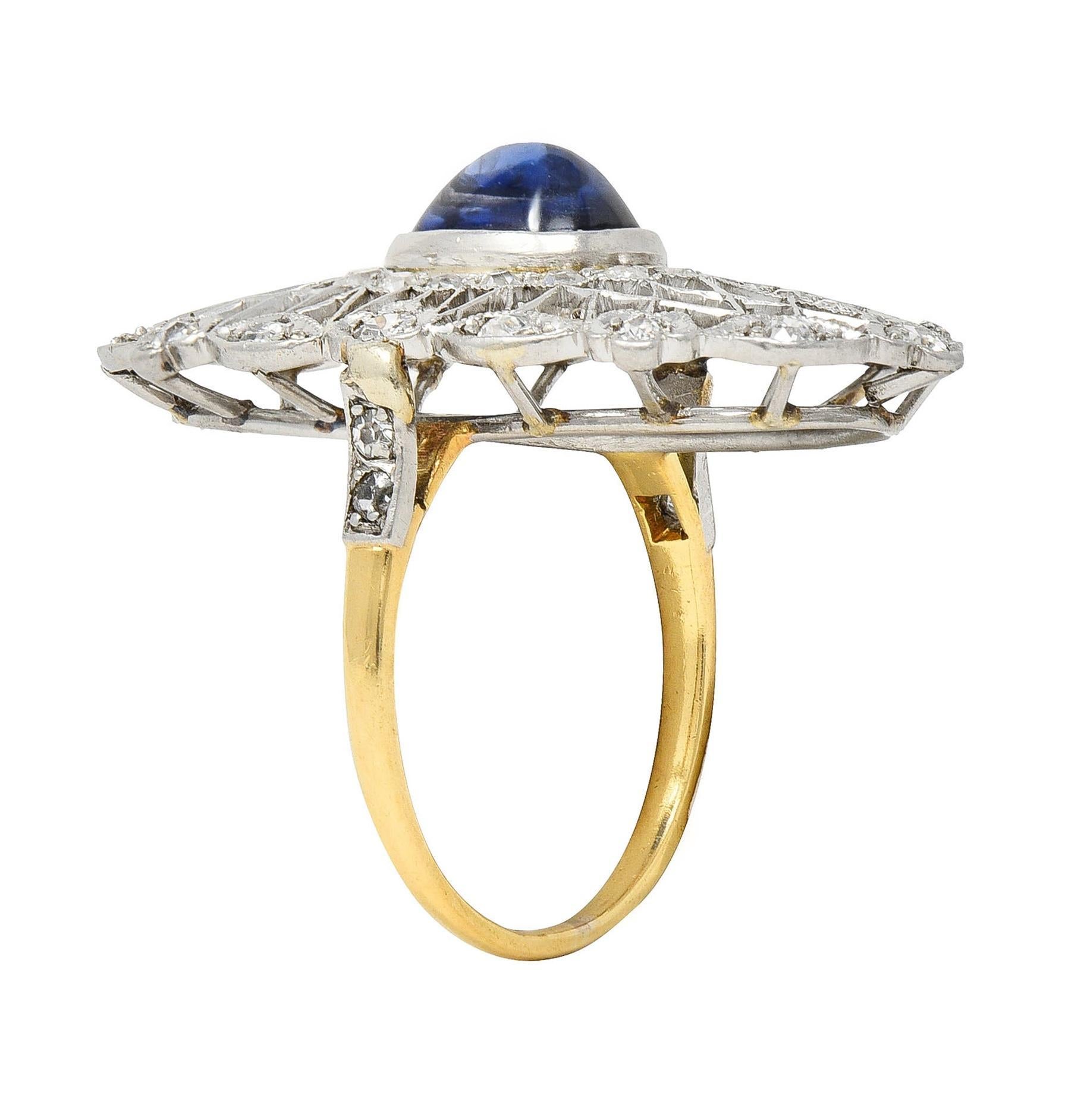 Belle Epoque No Heat Ceylon Sapphire Diamond Platinum 18 Karat Gold Antique Ring For Sale 3