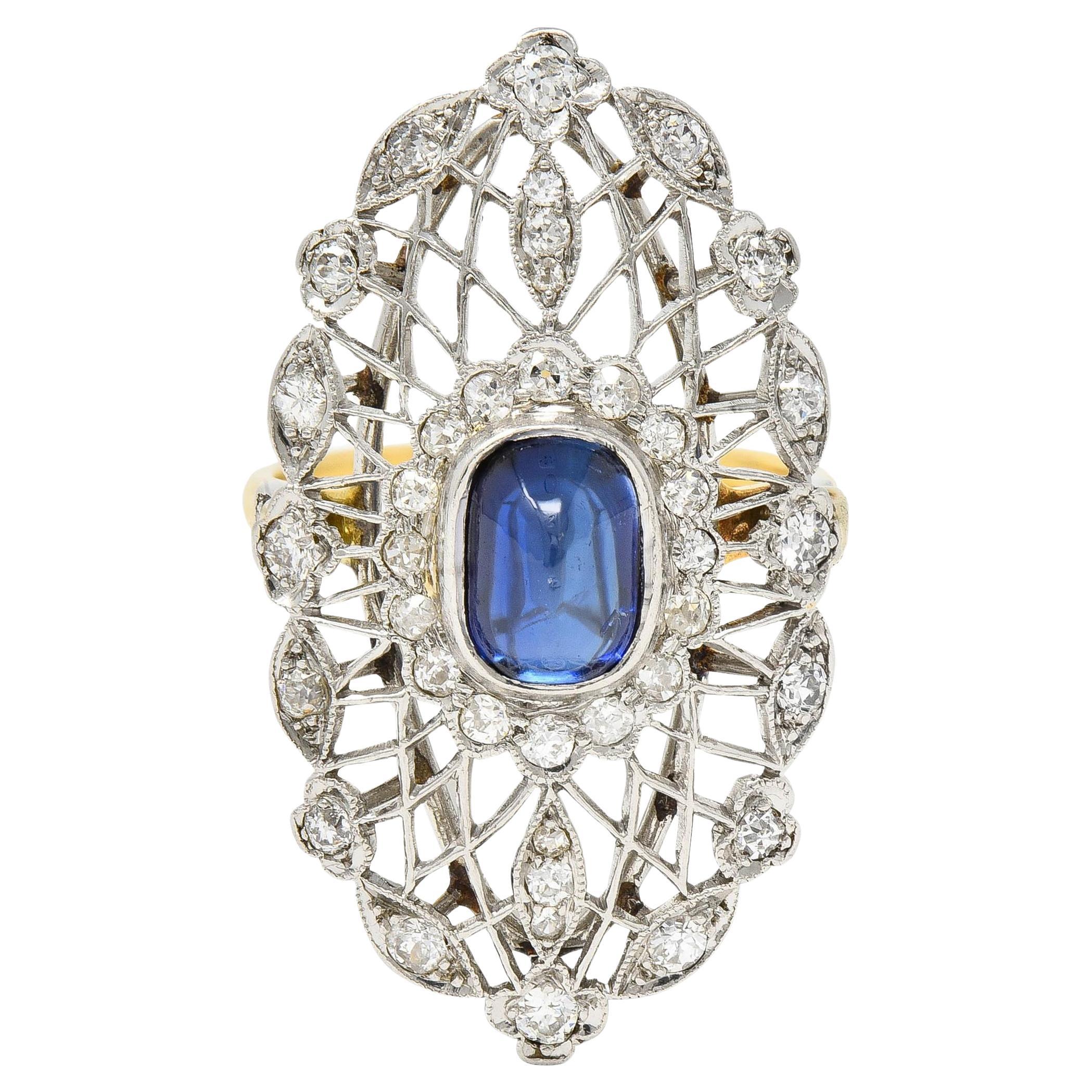 Belle Epoque No Heat Ceylon Sapphire Diamond Platinum 18 Karat Gold Antique Ring For Sale