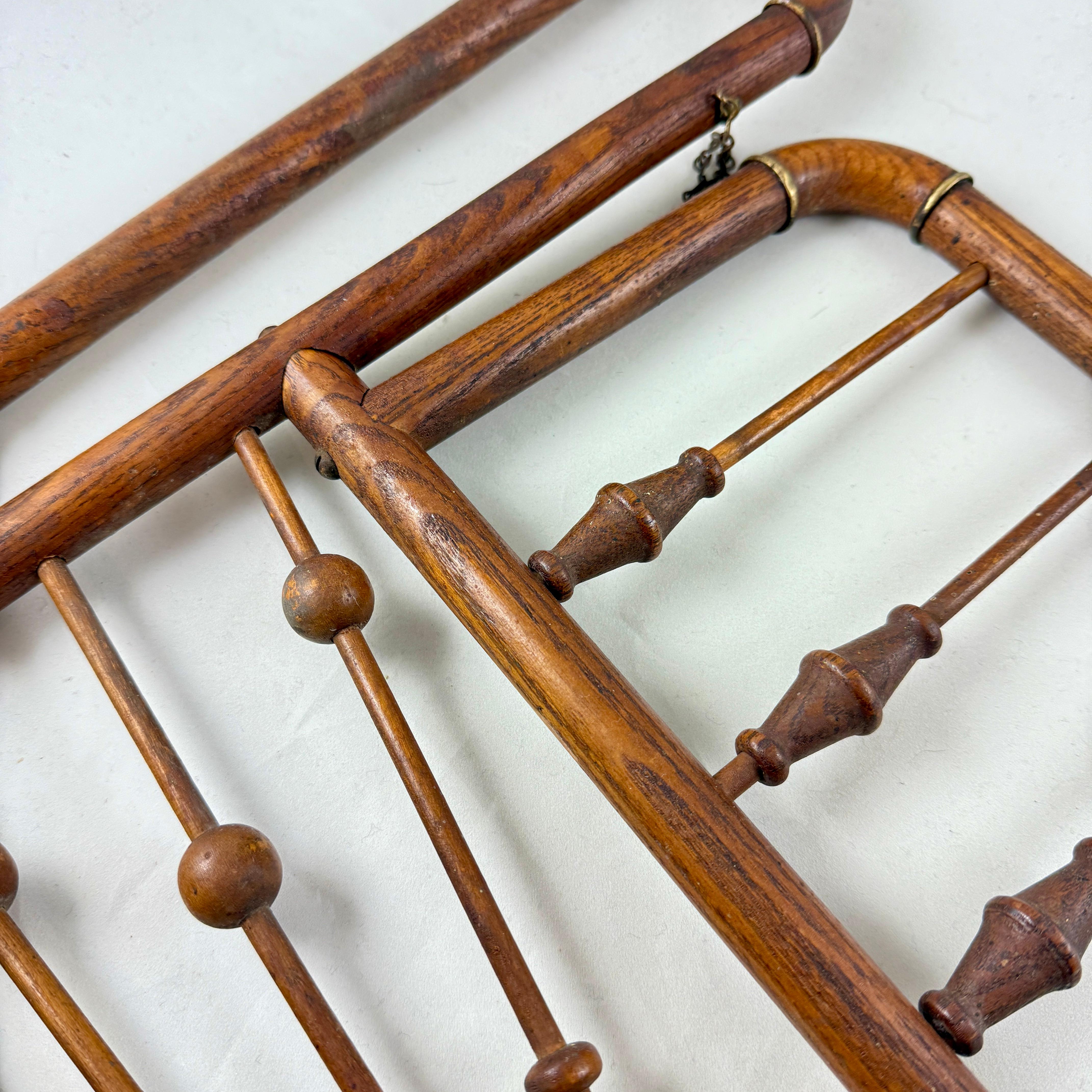 Belle Epoque Oak & Brass Hanging & Folding Hall Coat & Hat Rack For Sale 4