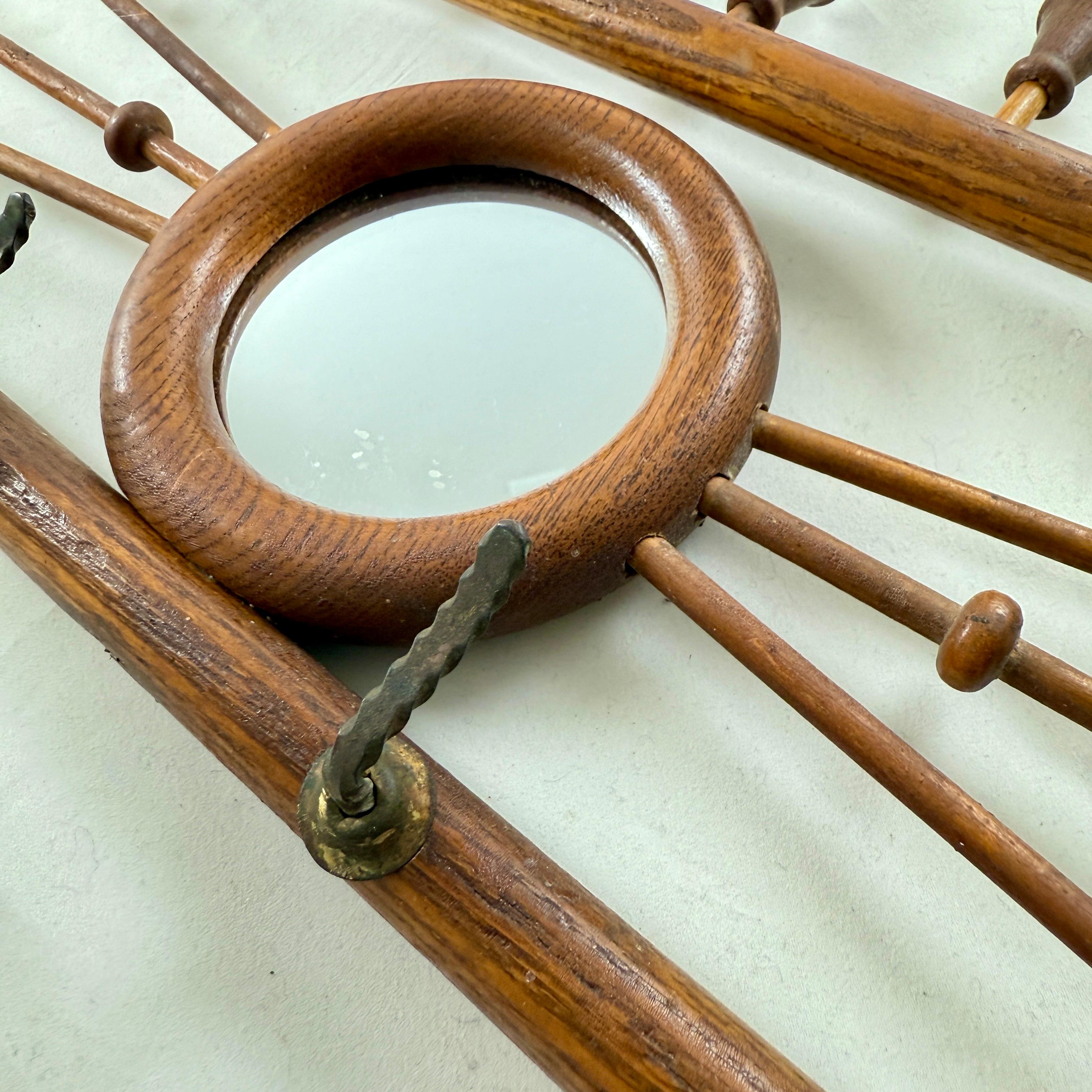 Belle Epoque Oak & Brass Hanging & Folding Hall Coat & Hat Rack For Sale 5