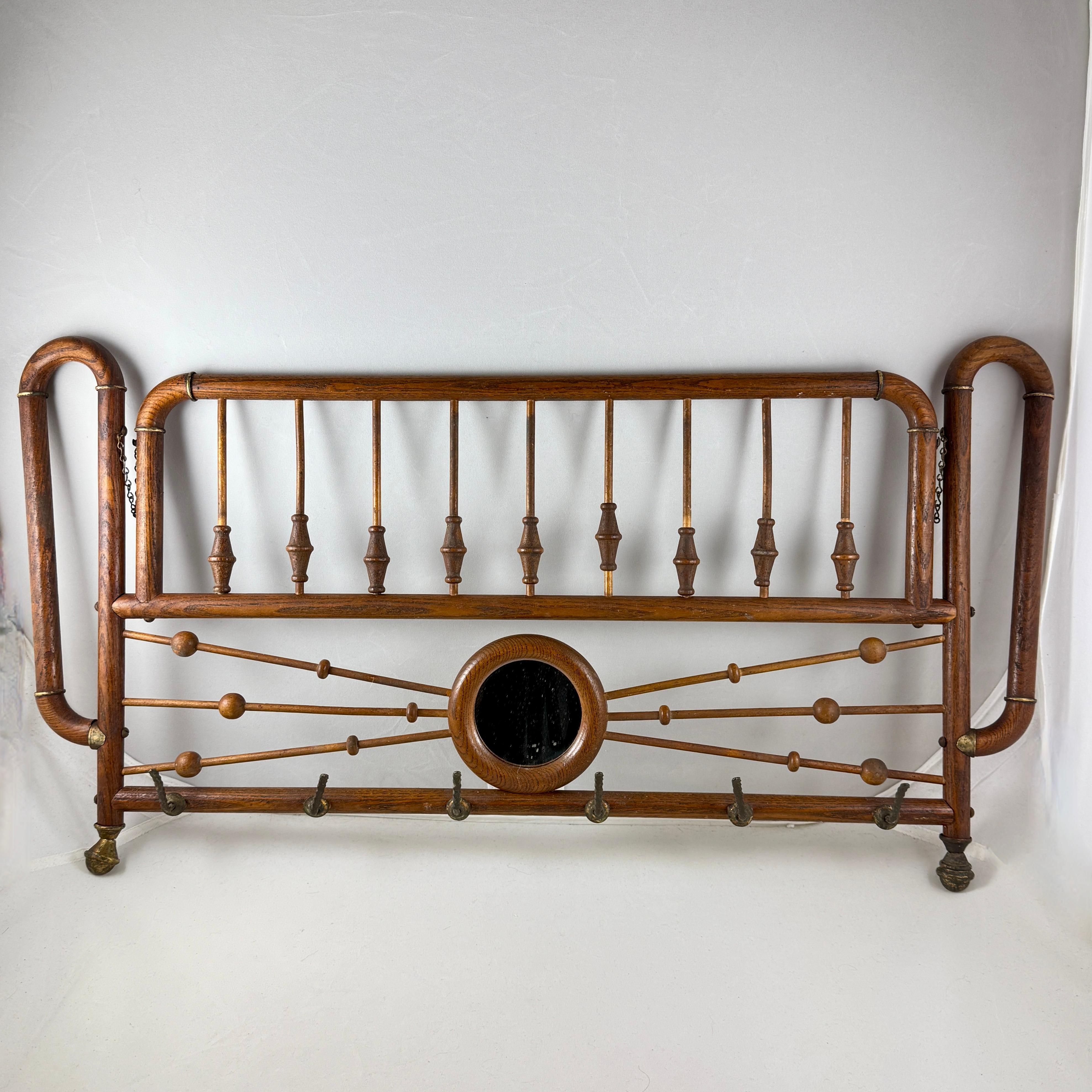 Belle Époque Belle Epoque Oak & Brass Hanging & Folding Hall Coat & Hat Rack For Sale