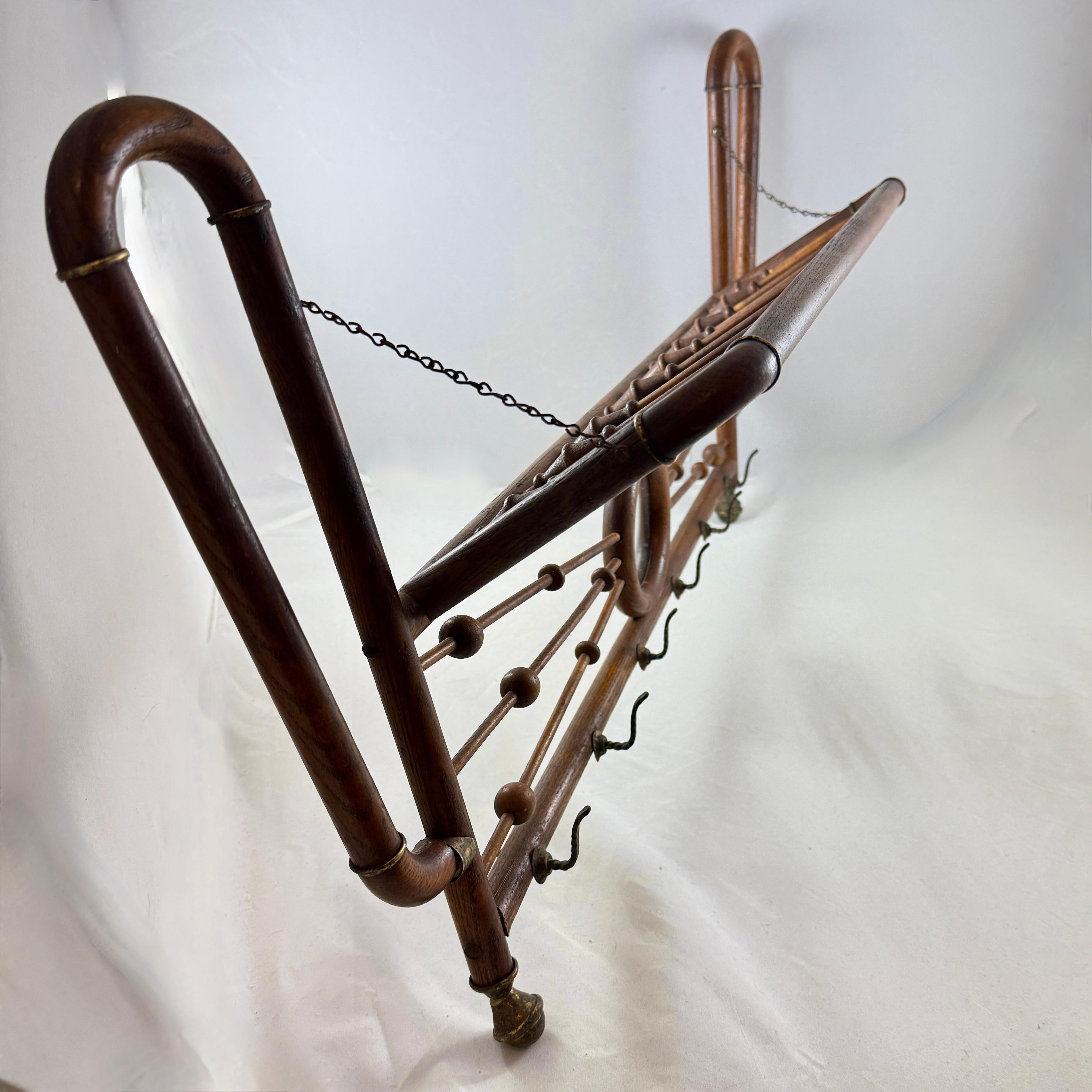 Hand-Crafted Belle Epoque Oak & Brass Hanging & Folding Hall Coat & Hat Rack For Sale