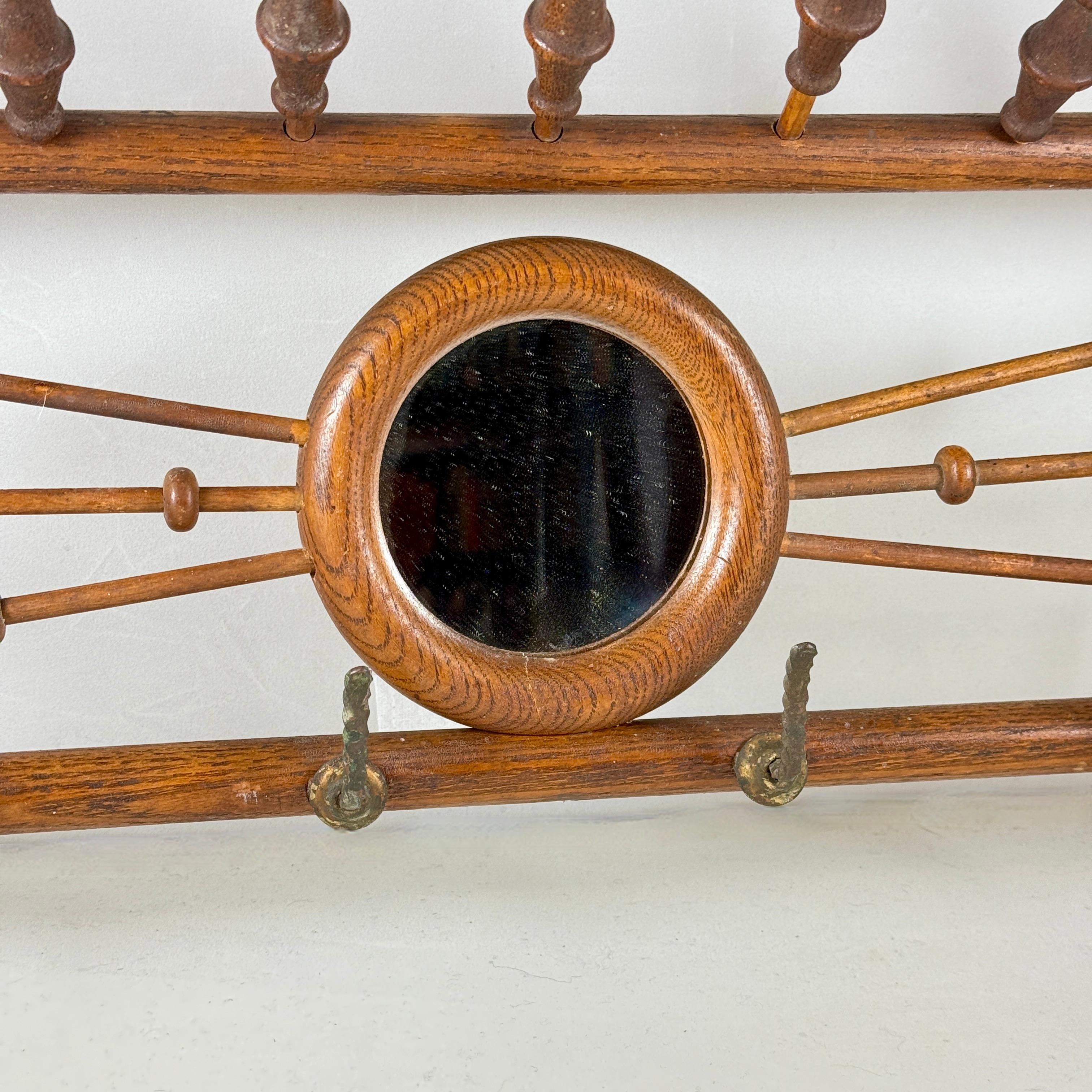 19th Century Belle Epoque Oak & Brass Hanging & Folding Hall Coat & Hat Rack For Sale