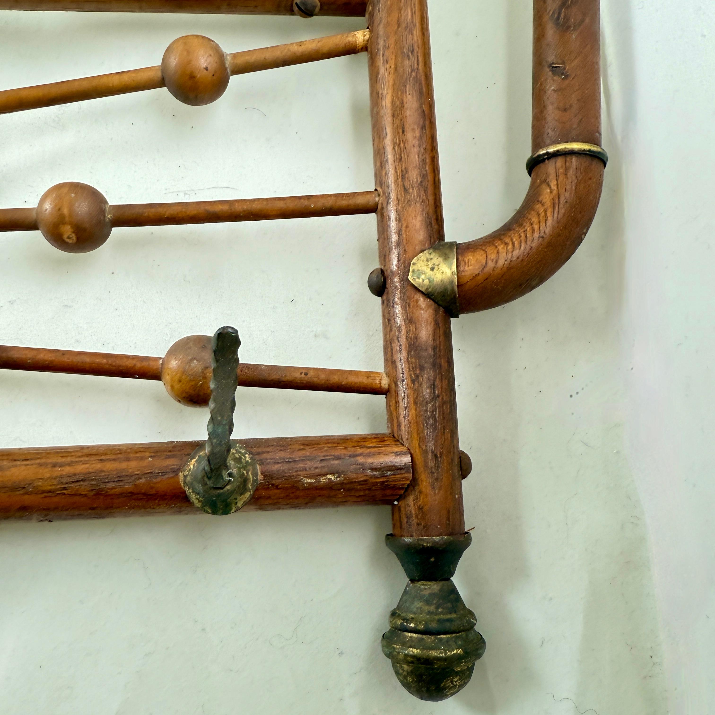 Belle Epoque Oak & Brass Hanging & Folding Hall Coat & Hat Rack For Sale 1