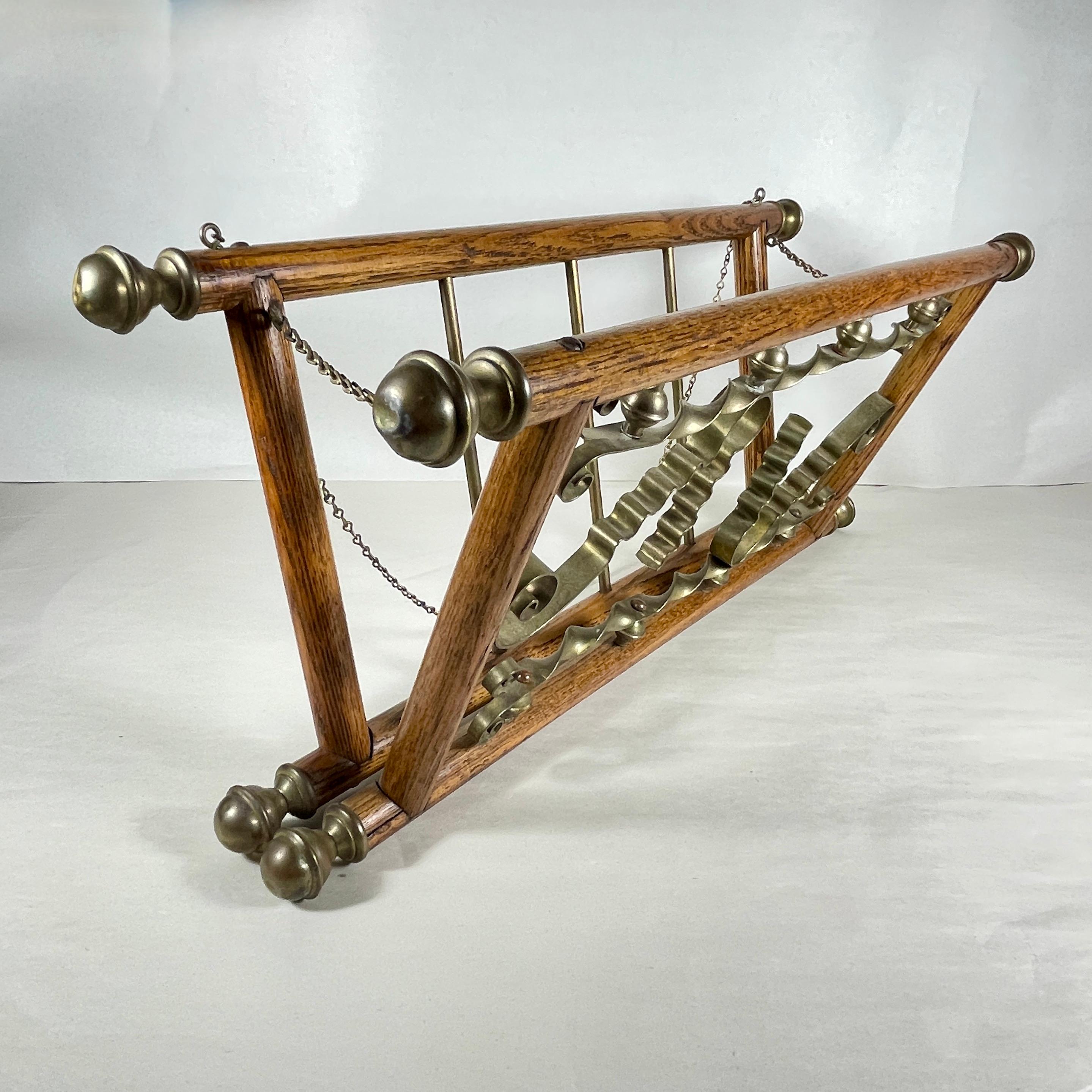 French Belle Epoque Oak & Brass Hanging & Folding Newspaper Magazine Rack For Sale