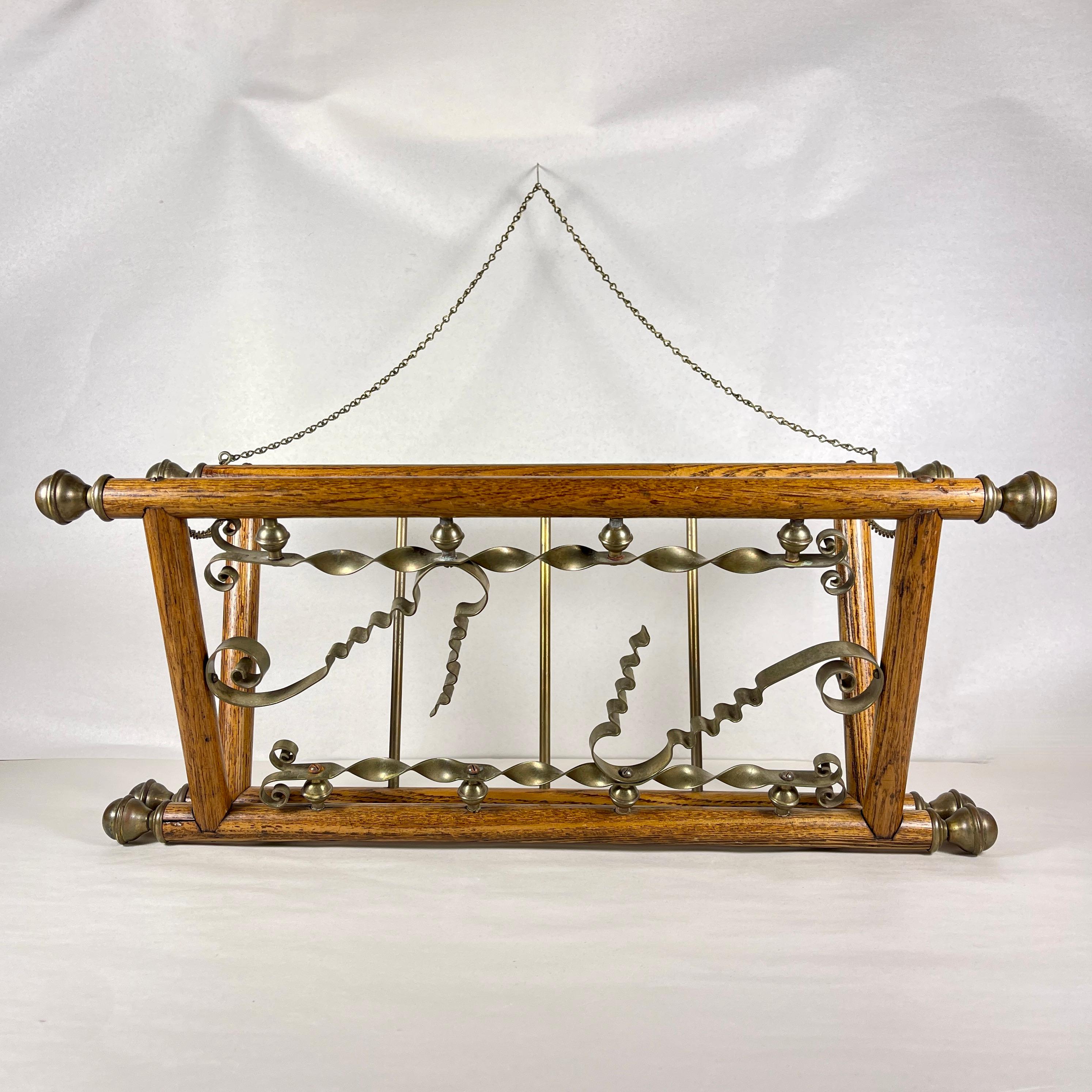 Hand-Crafted Belle Epoque Oak & Brass Hanging & Folding Newspaper Magazine Rack For Sale