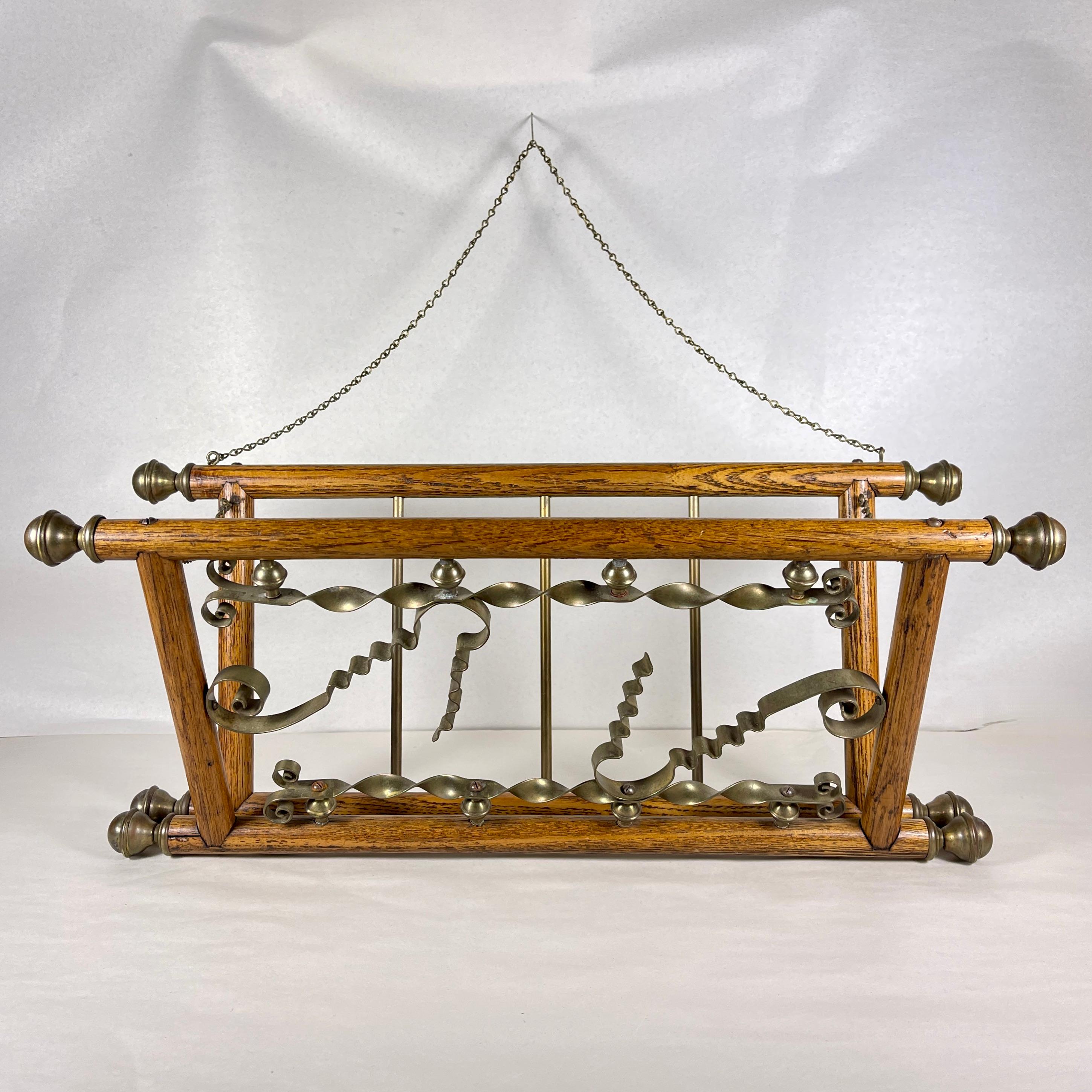 19th Century Belle Epoque Oak & Brass Hanging & Folding Newspaper Magazine Rack For Sale