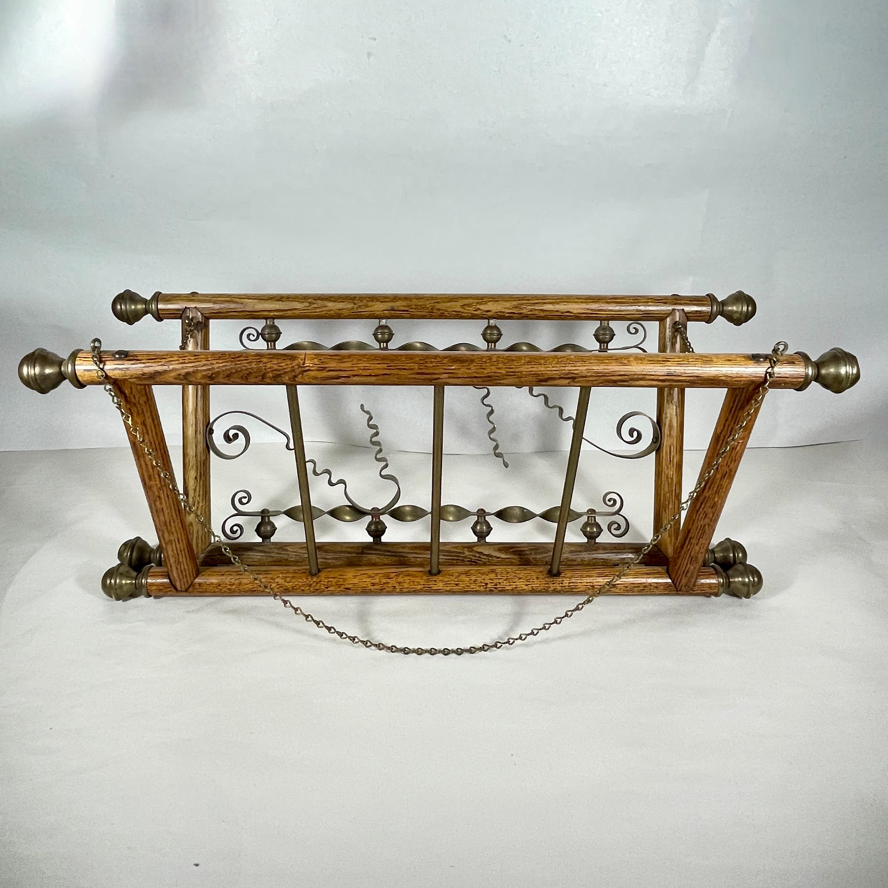 Belle Epoque Oak & Brass Hanging & Folding Newspaper Magazine Rack For Sale 1
