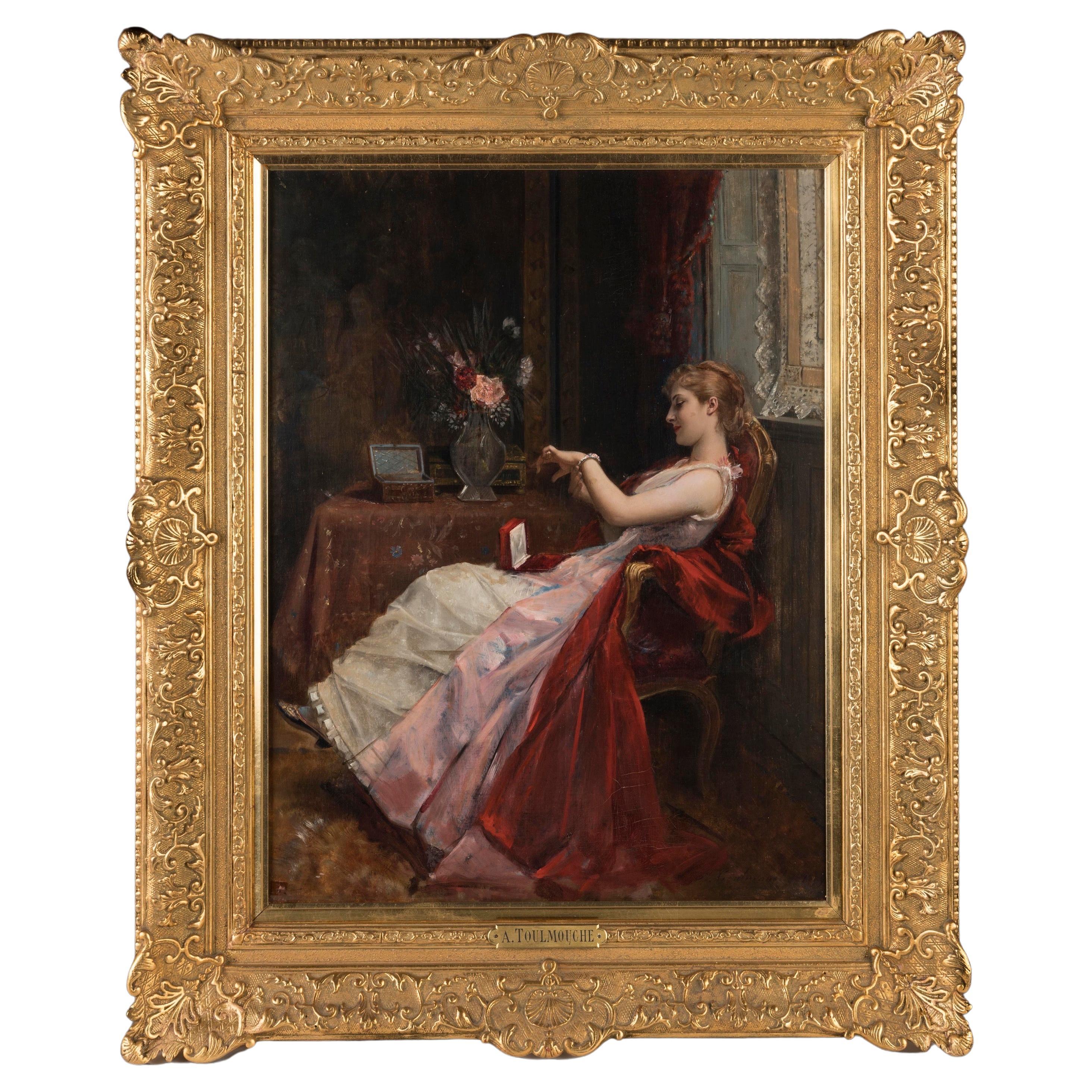 Quadro Belle Époque olio su tela di una signora elegante di Auguste Toulmouche