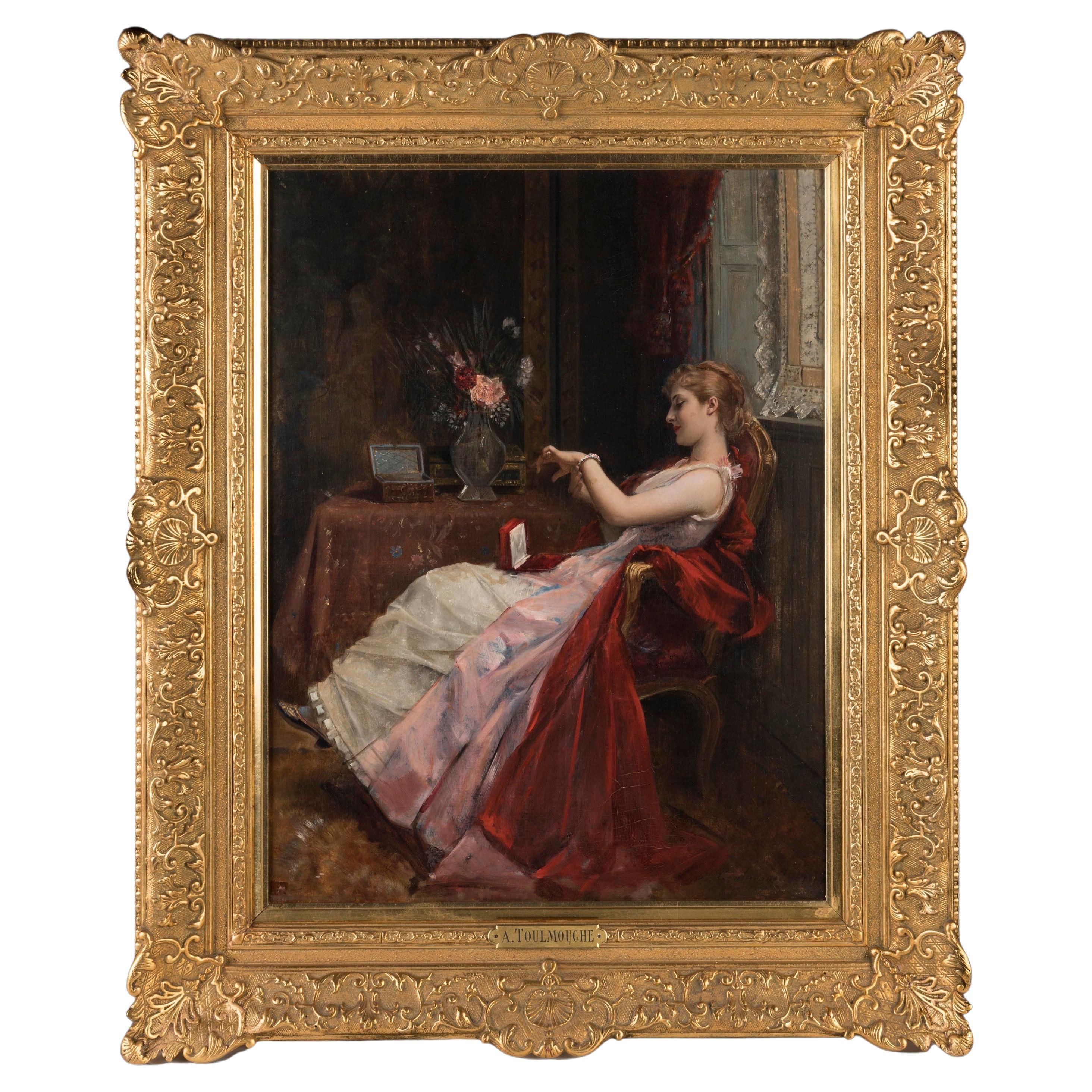 Huile sur toile Belle Époque d'une dame élégante par Auguste Toulmouche