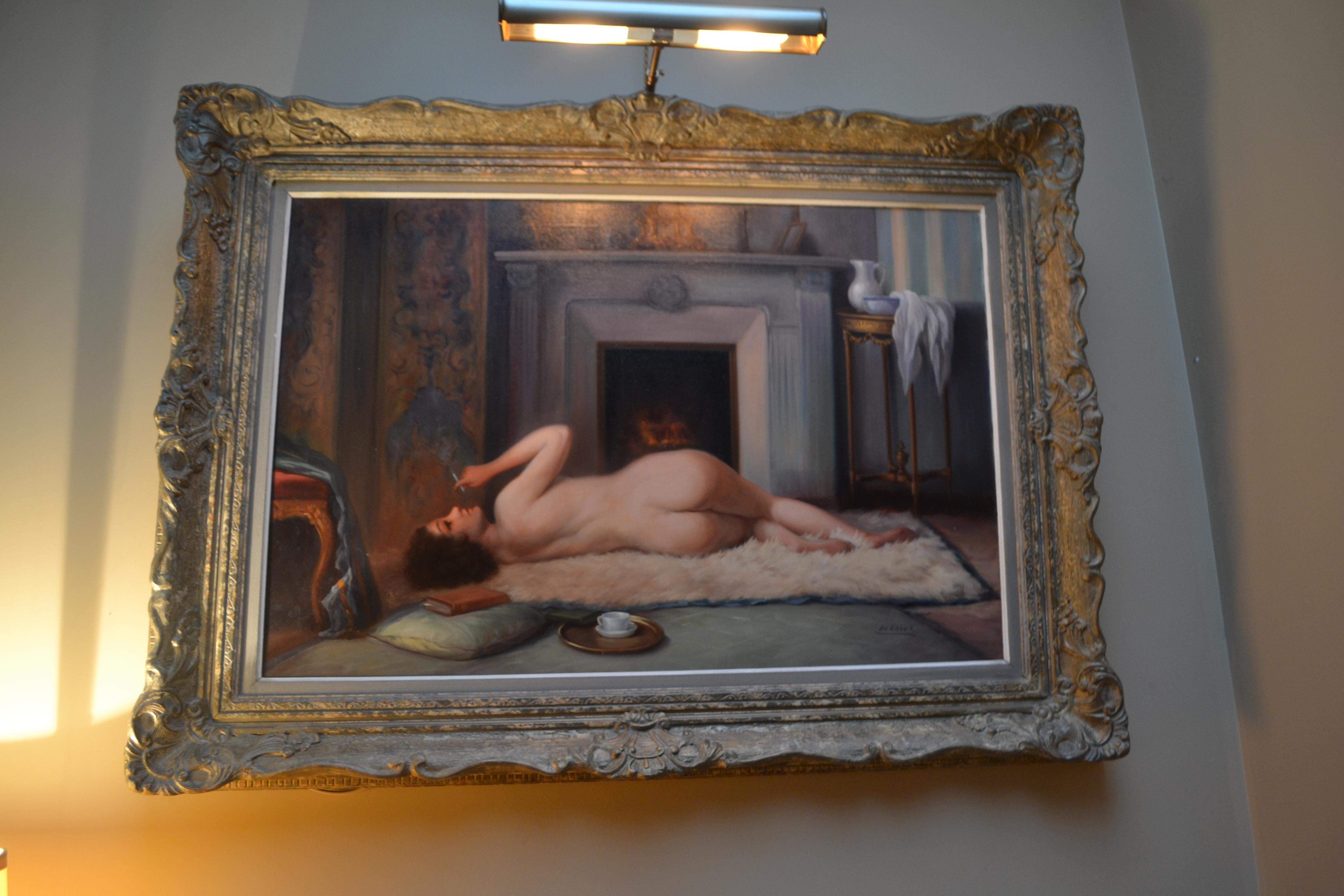 Belle Epoque  dipinto a olio su tela di Nudo femminile che fuma, firmato De Groux in vendita 2