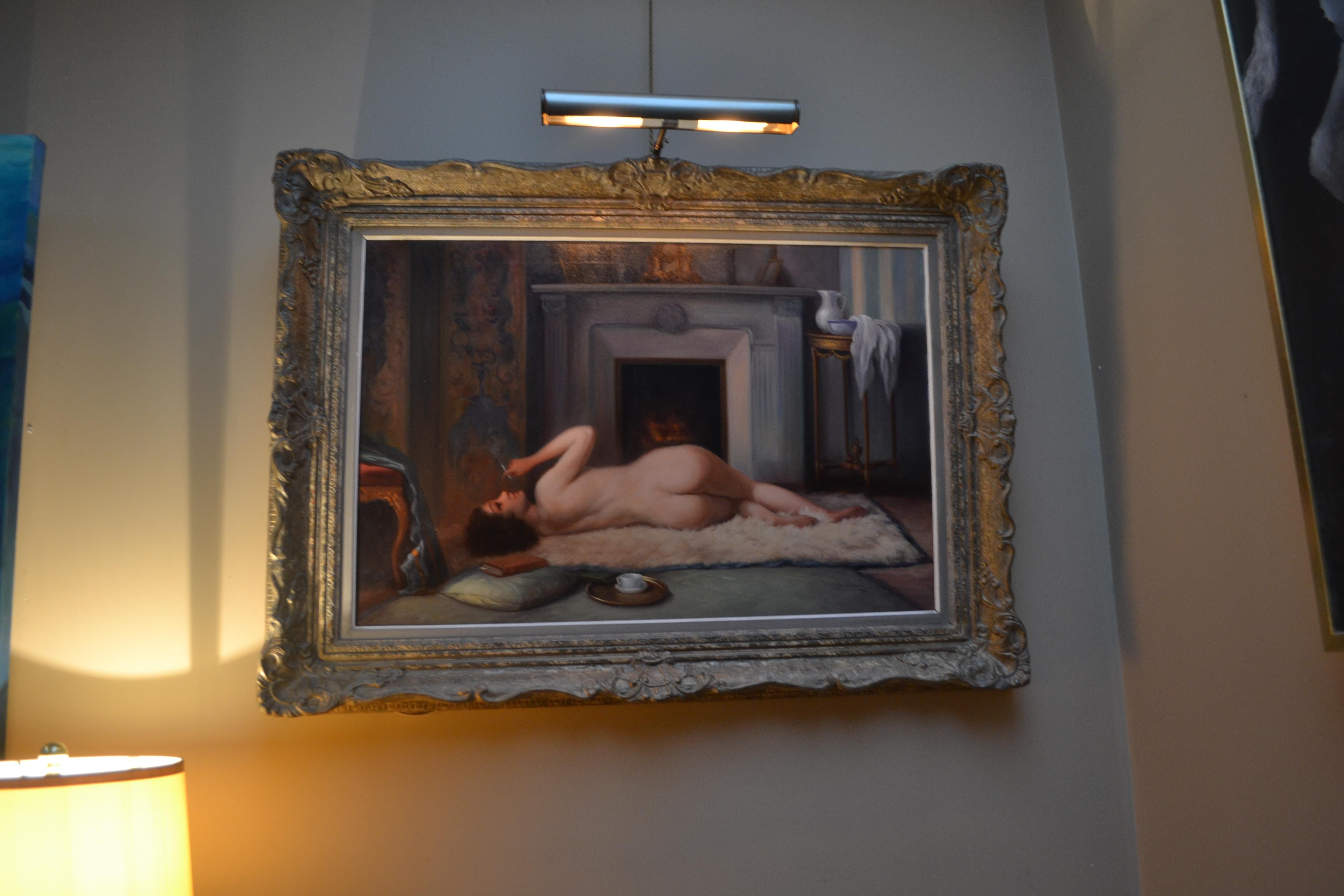 Belle Epoque  dipinto a olio su tela di Nudo femminile che fuma, firmato De Groux in vendita 3