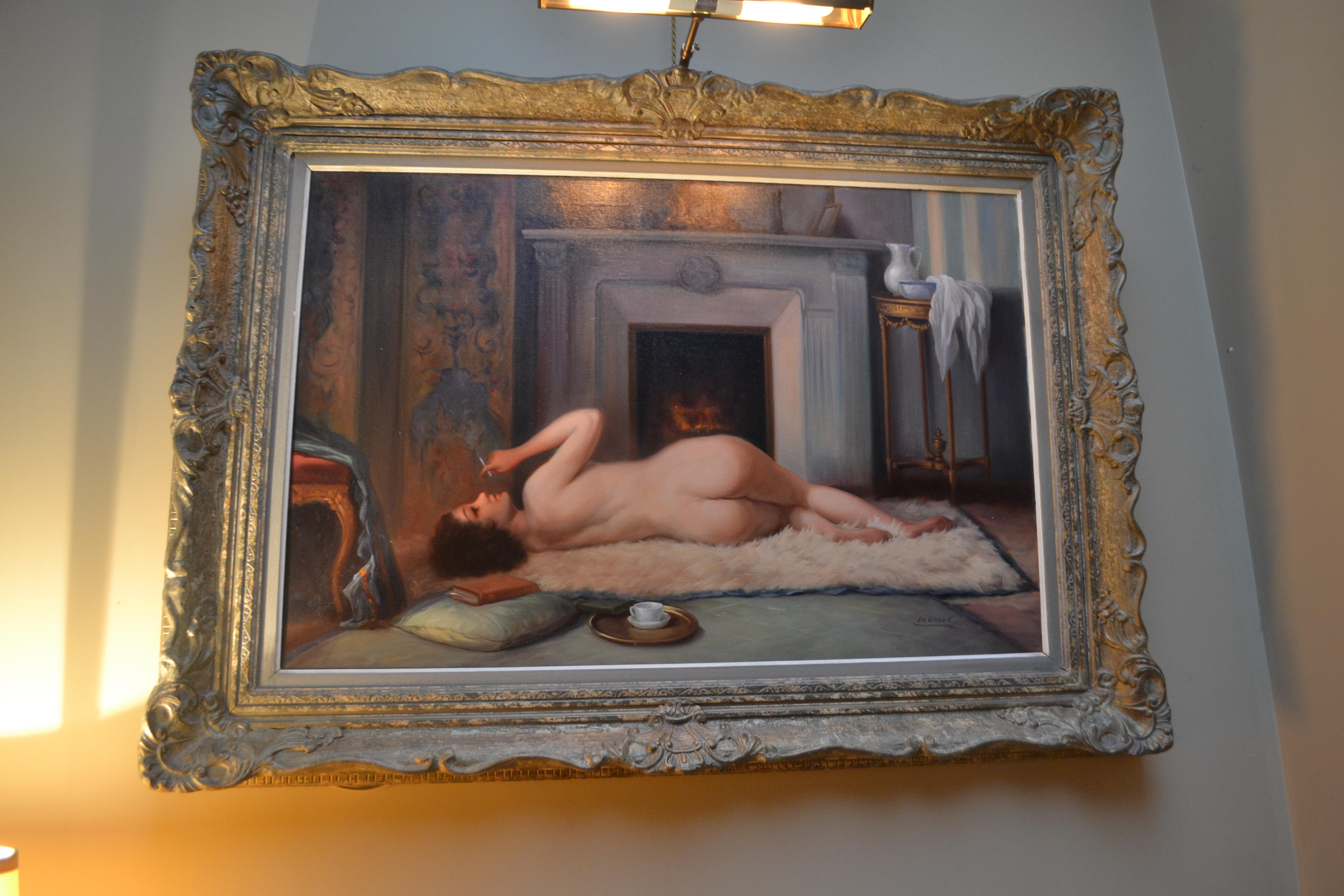 Tela Belle Epoque  dipinto a olio su tela di Nudo femminile che fuma, firmato De Groux in vendita