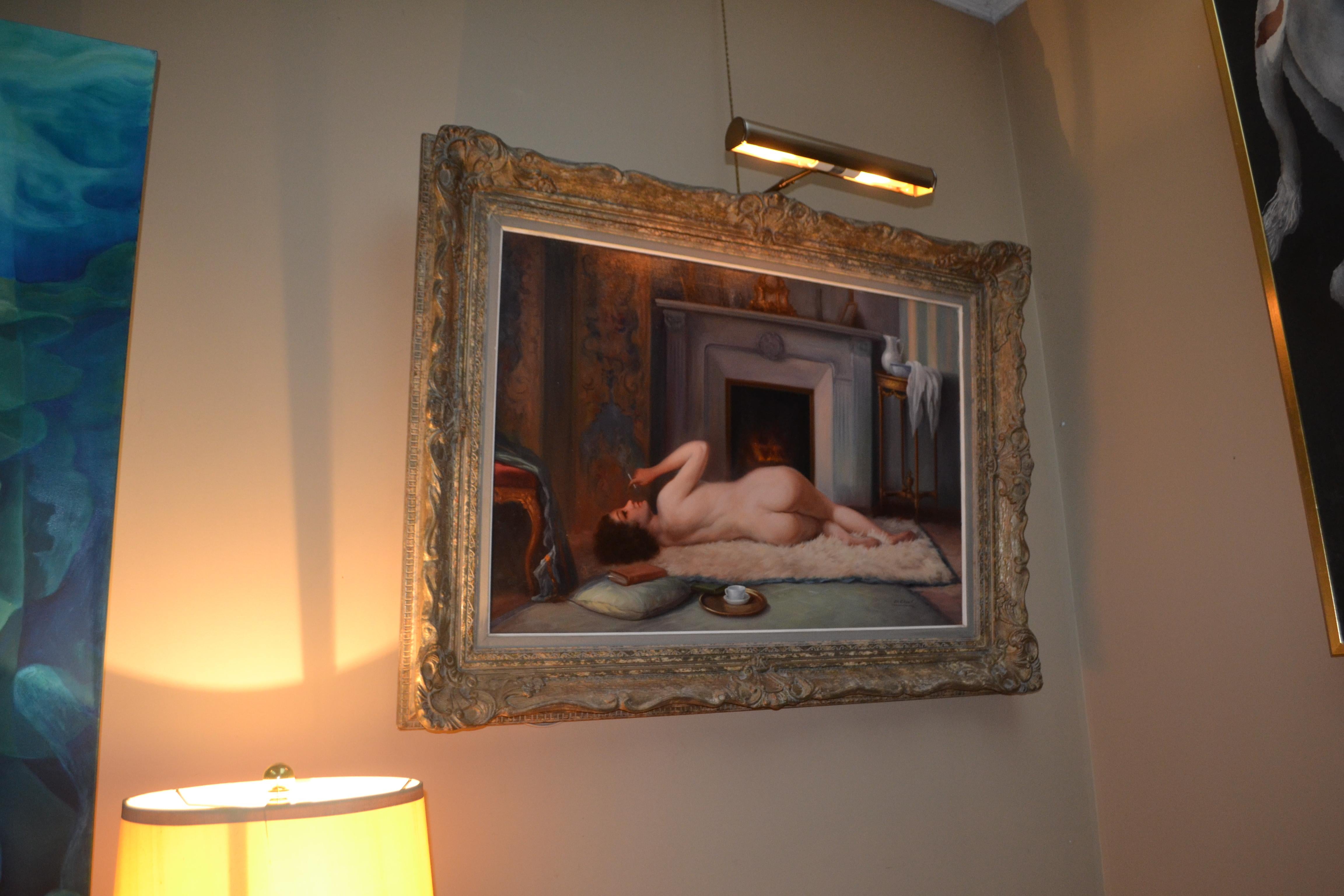 Belle Epoque  dipinto a olio su tela di Nudo femminile che fuma, firmato De Groux in vendita 1