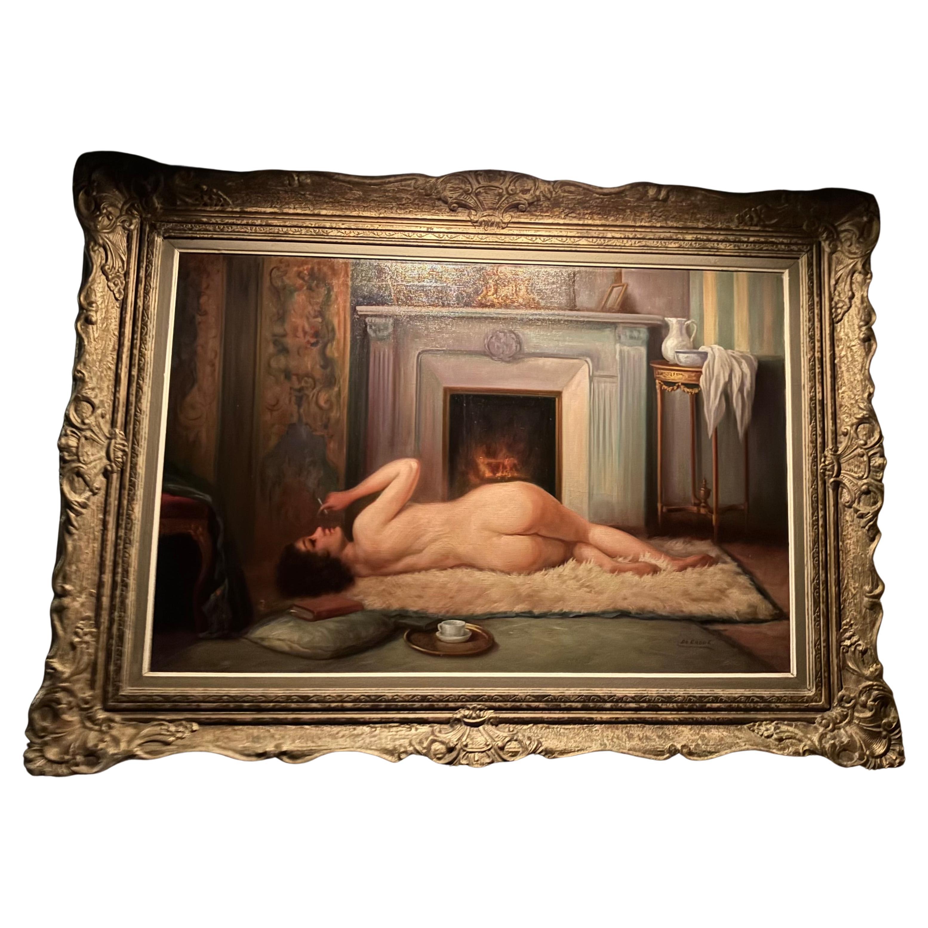 Belle Epoque dipinto a olio su tela di Nudo femminile che fuma, firmato De Groux