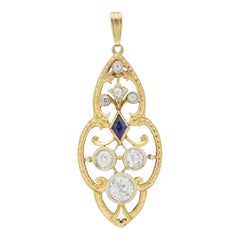 Belle Epoque Old Cut Diamond and Sapphire Pendant in 18 Karat Yellow Gold