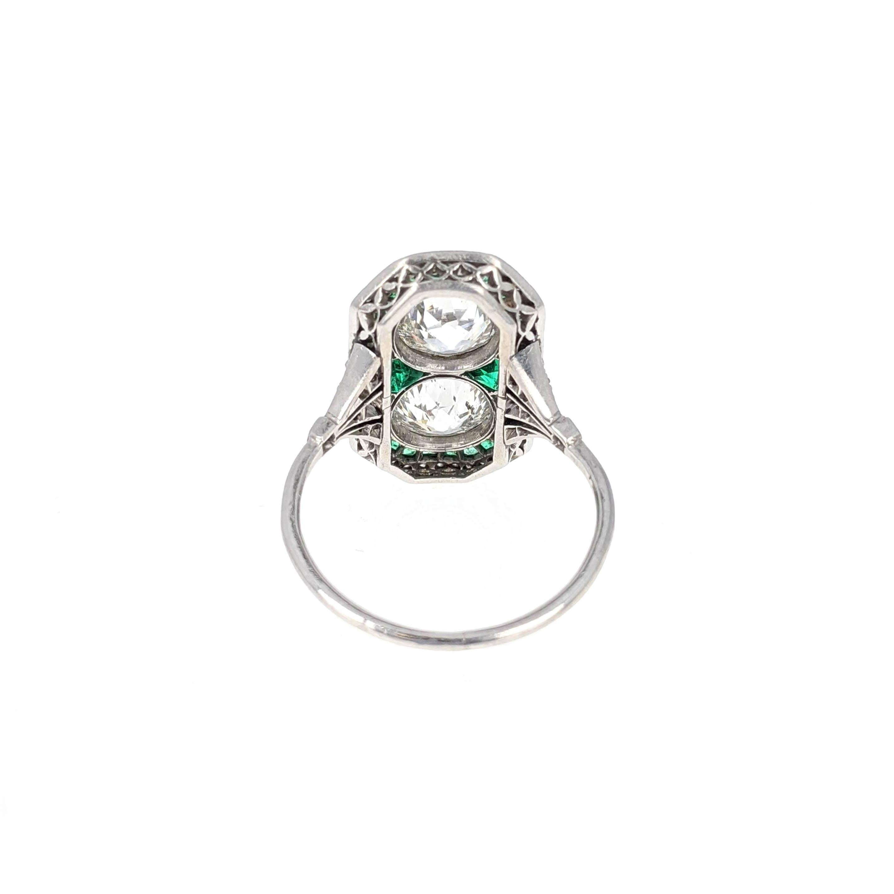 Belle Époque Old European Cut Diamond Emerald and Platinum French Ring 1