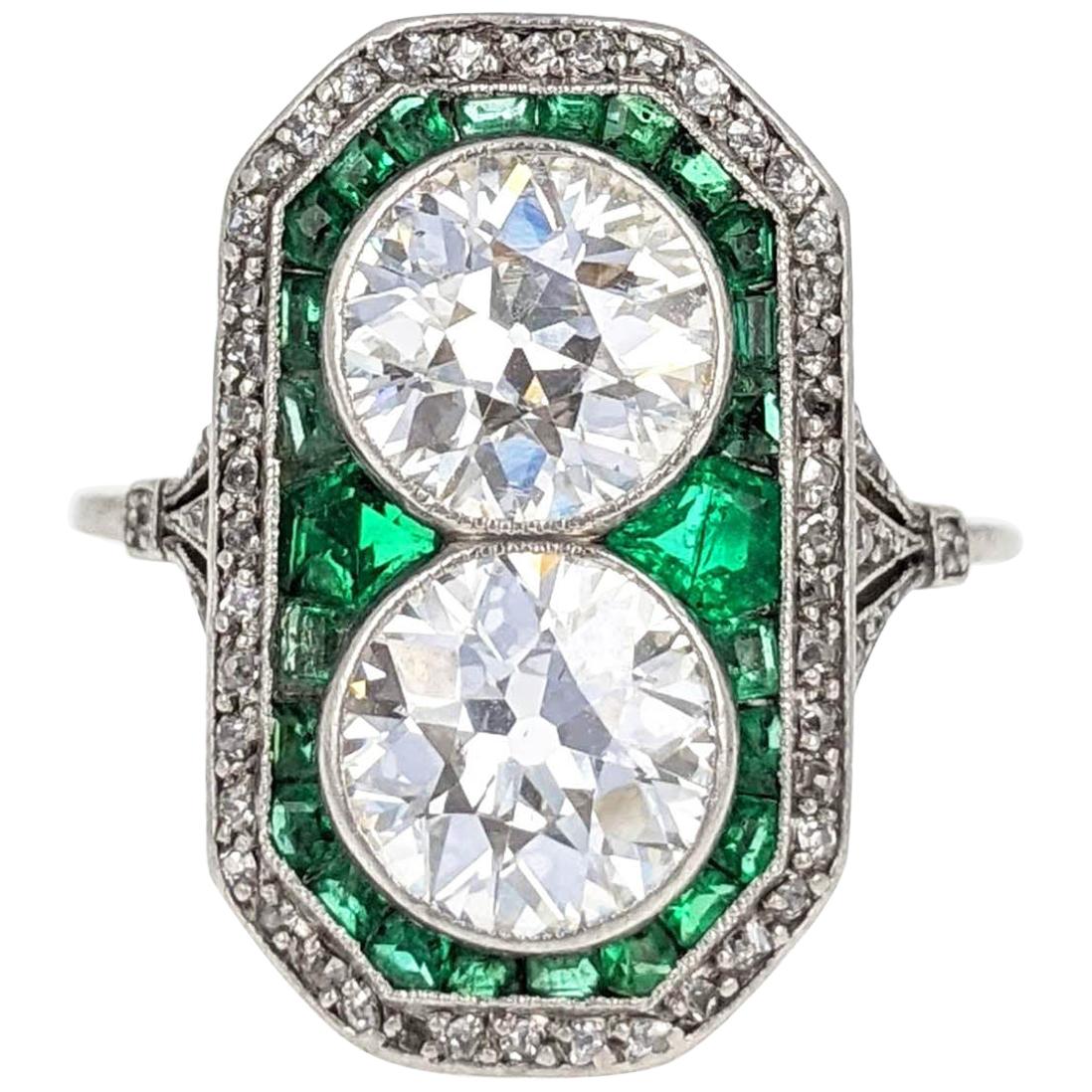 Belle Époque Old European Cut Diamond Emerald and Platinum French Ring