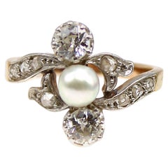 Belle Époque Old European Cut Diamond Pearl Platinum on 18 Karat Gold Ring