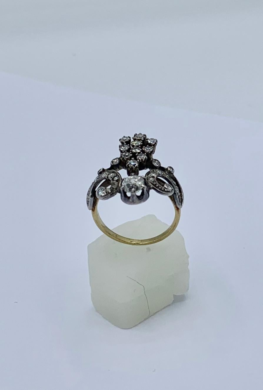 Belle Epoque Old Mine Cut Diamond Ring 18 Karat Gold Engagement Crown Tiara For Sale 2