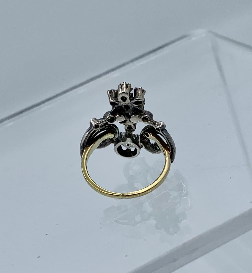 Belle Epoque Old Mine Cut Diamond Ring 18 Karat Gold Engagement Crown Tiara For Sale 3