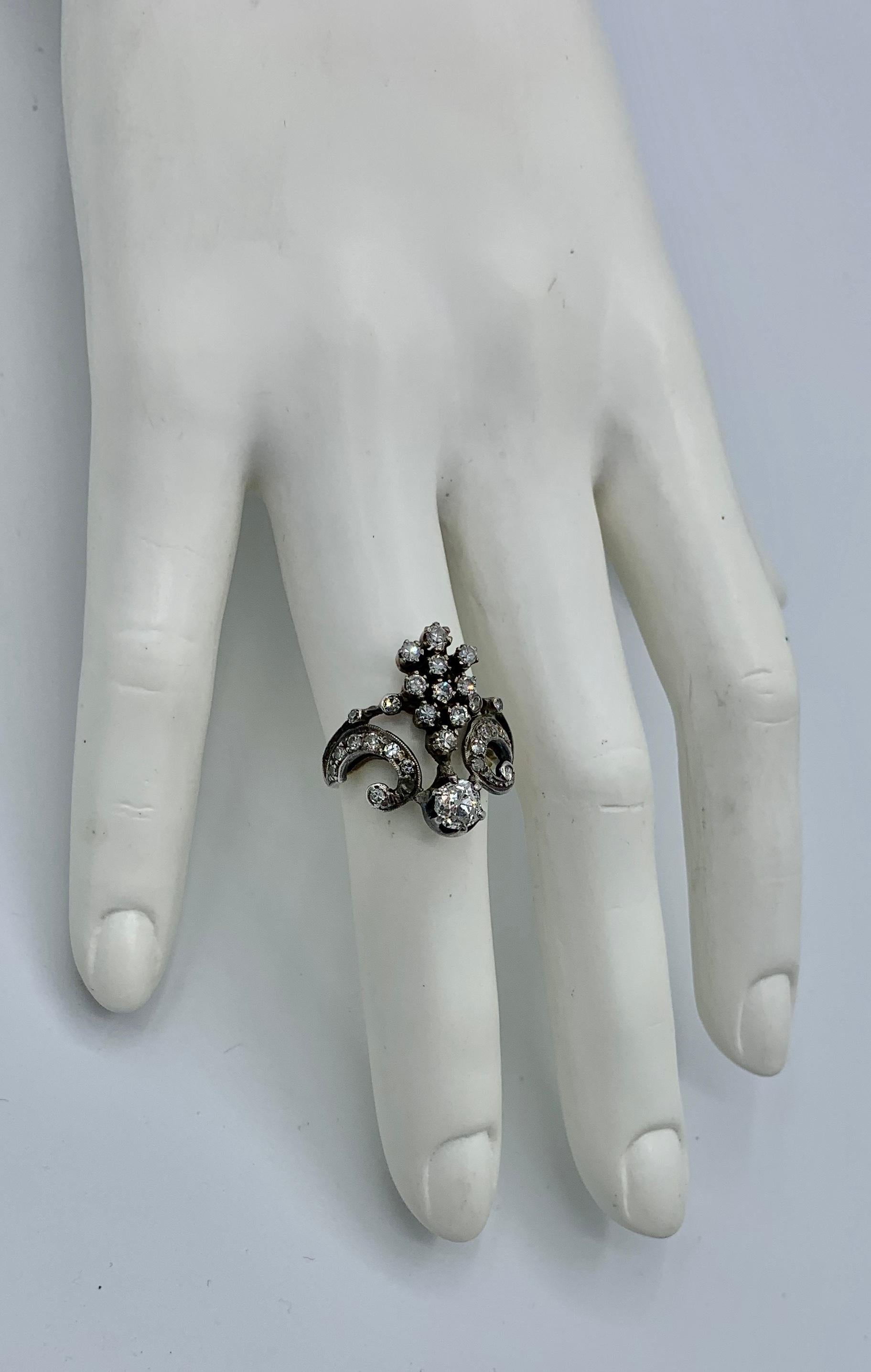 Women's Belle Epoque Old Mine Cut Diamond Ring 18 Karat Gold Engagement Crown Tiara For Sale
