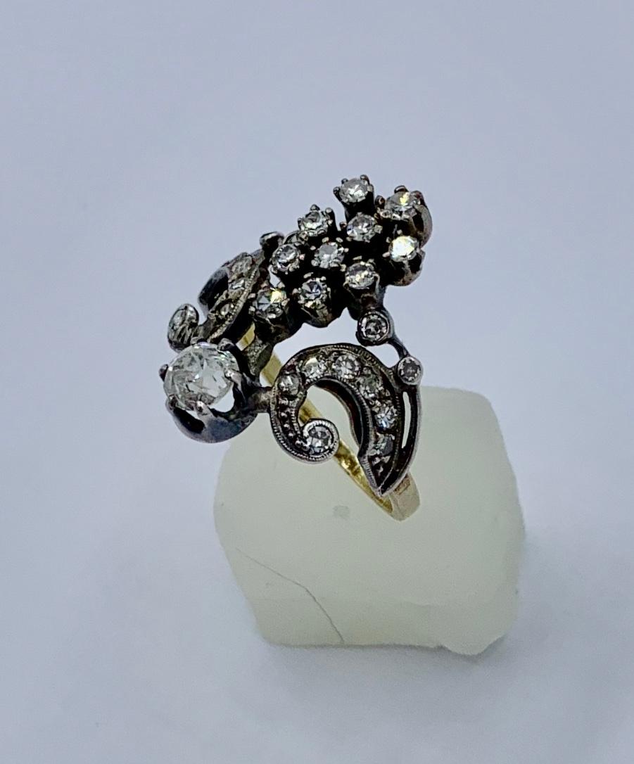 Belle Epoque Old Mine Cut Diamond Ring 18 Karat Gold Engagement Crown Tiara For Sale 1