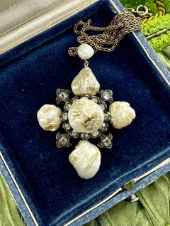 Belle Epoque Old Mine Diamond Freshwater Pearl Pendant Necklace 14 Karat Gold