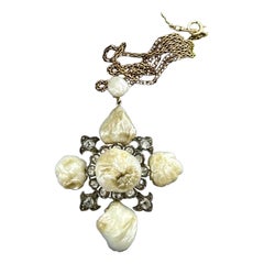 Belle Epoque Old Mine Diamond Freshwater Pearl Pendant Necklace 14 Karat Gold