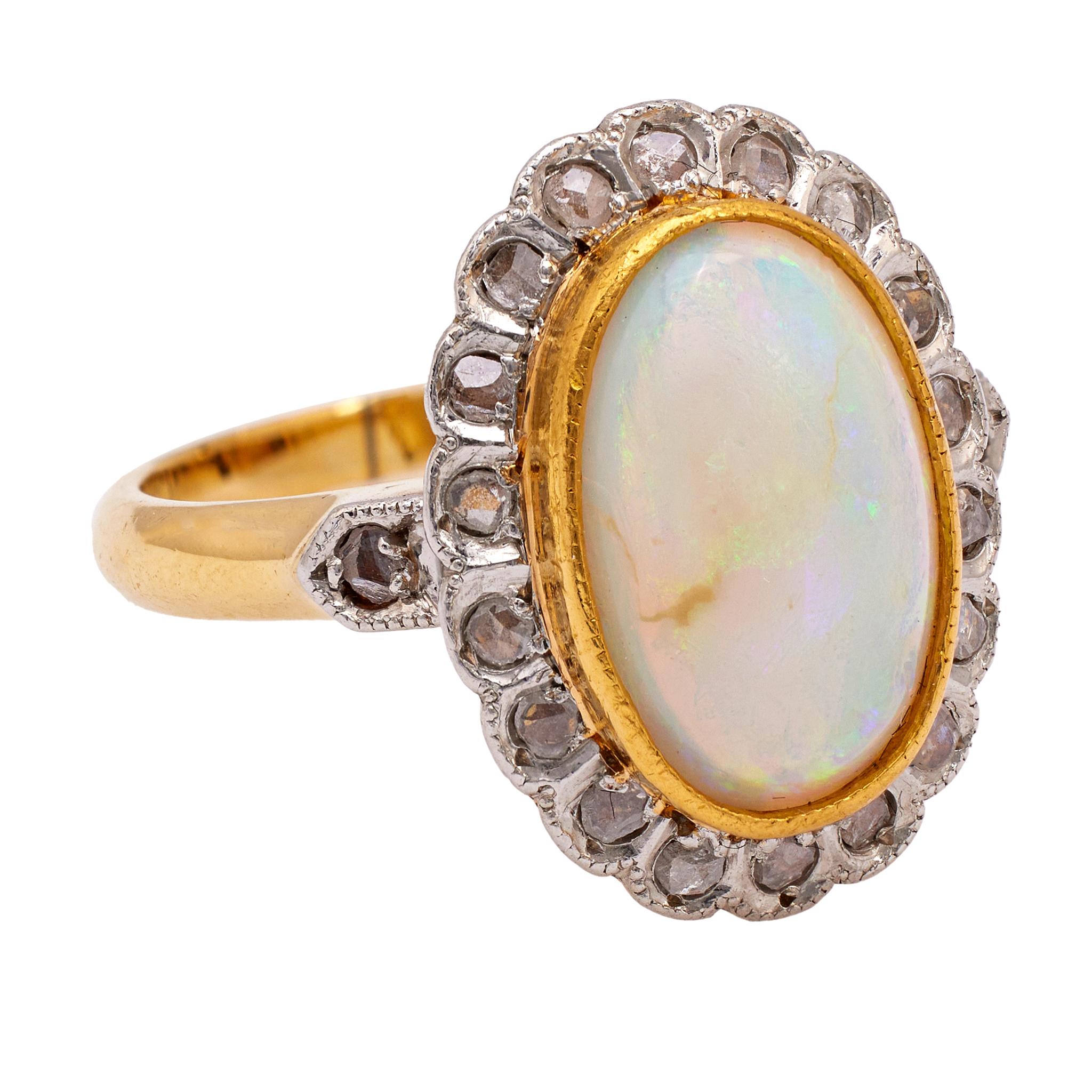 Women's or Men's Belle Époque Opal and Diamond 18k Yellow Gold Platinum Cluster Ring For Sale