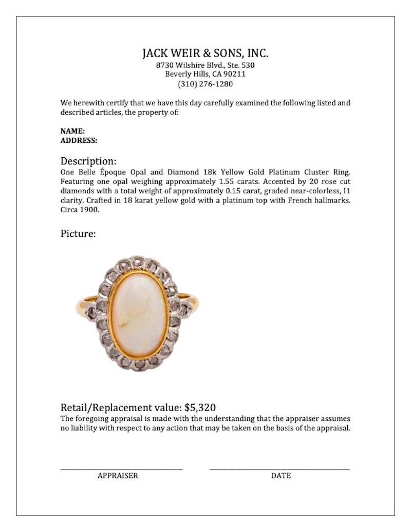 Belle Époque Opal and Diamond 18k Yellow Gold Platinum Cluster Ring For Sale 2