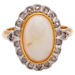 Antique Belle Époque Opal and Diamond 18k Yellow Gold Platinum Cluster Ring