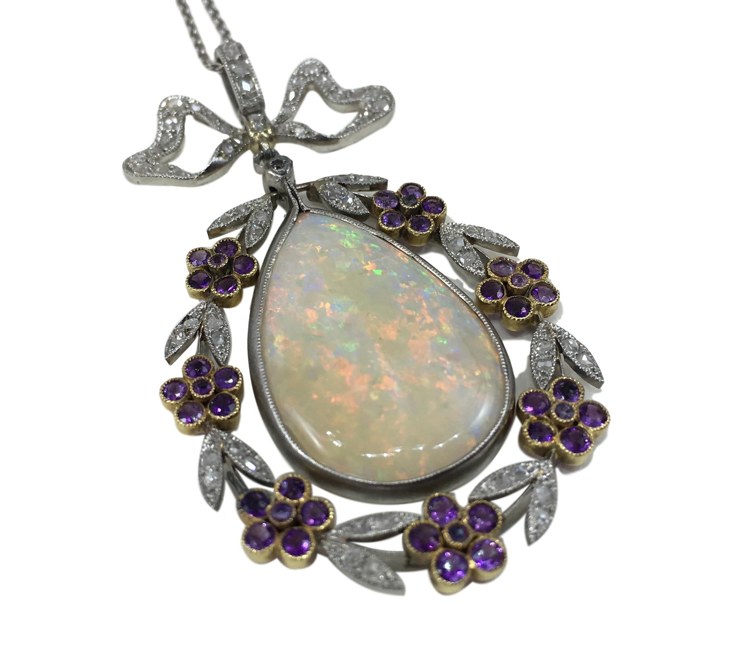 Cabochon Belle Époque Opal Diamond Amethyst Pendant For Sale