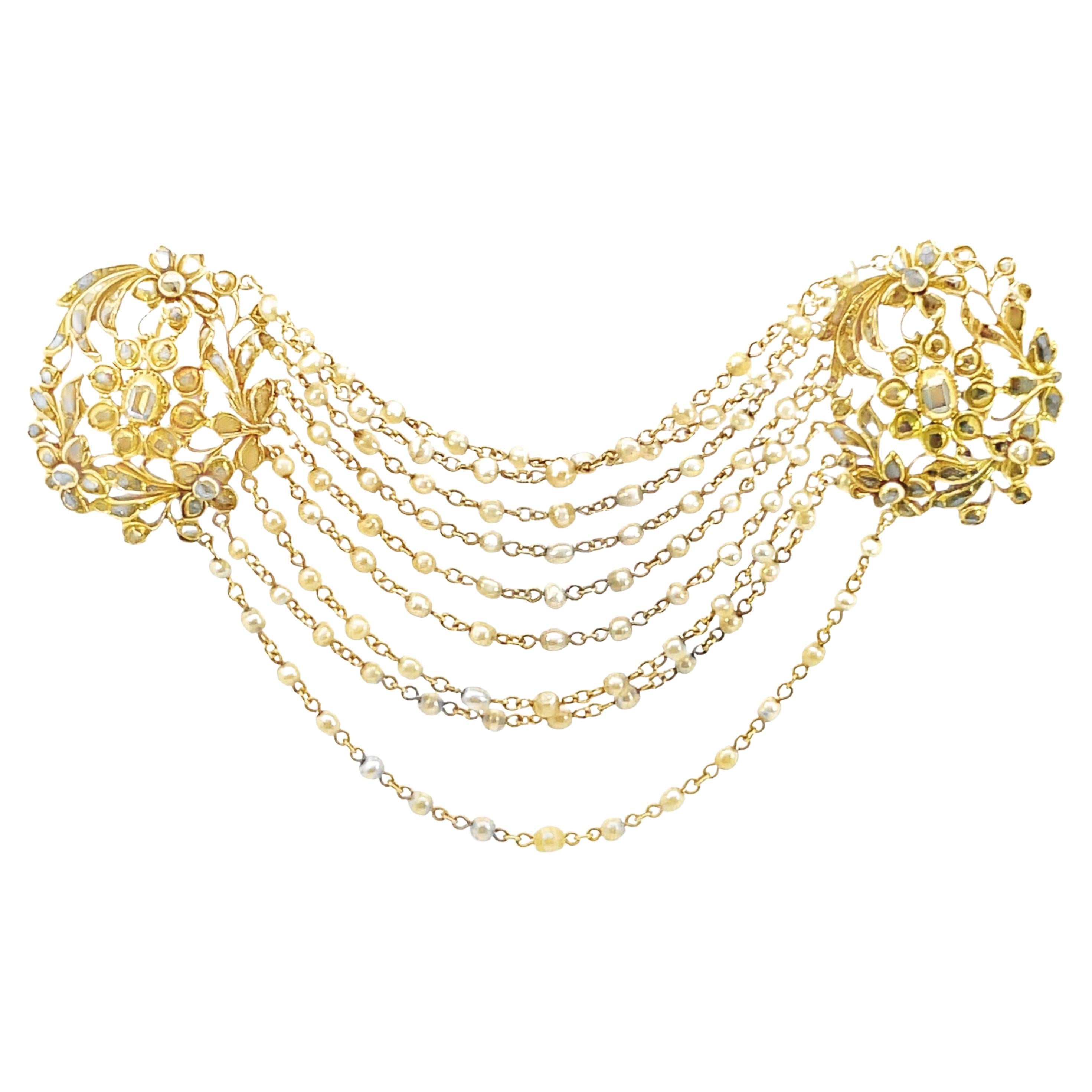 Belle Époque Broche Belle Epoque à festons de perles et de diamants en vente