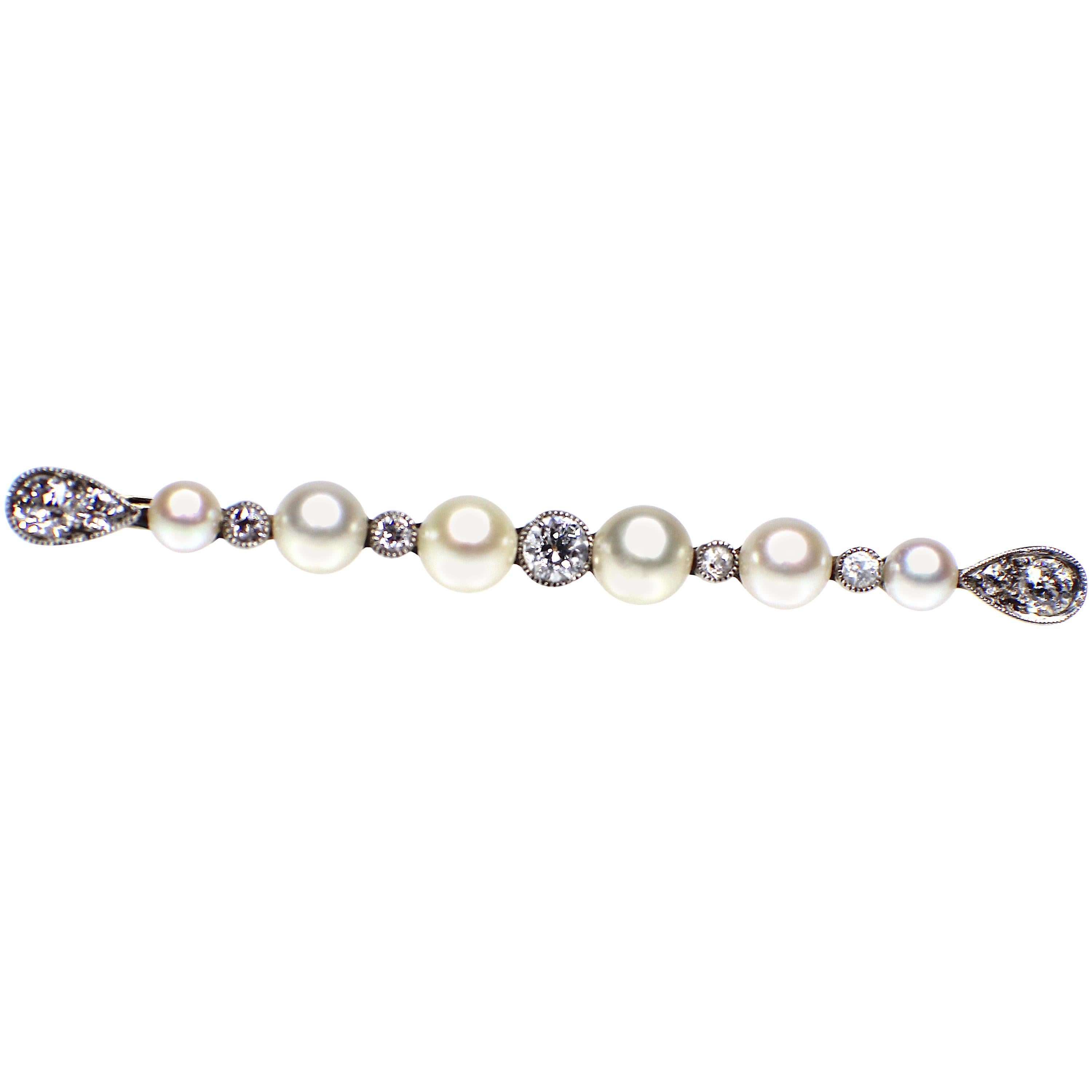 GEMOLITHOS Belle Epoque, Pearl and Diamond Line Brooch, 1900s For Sale
