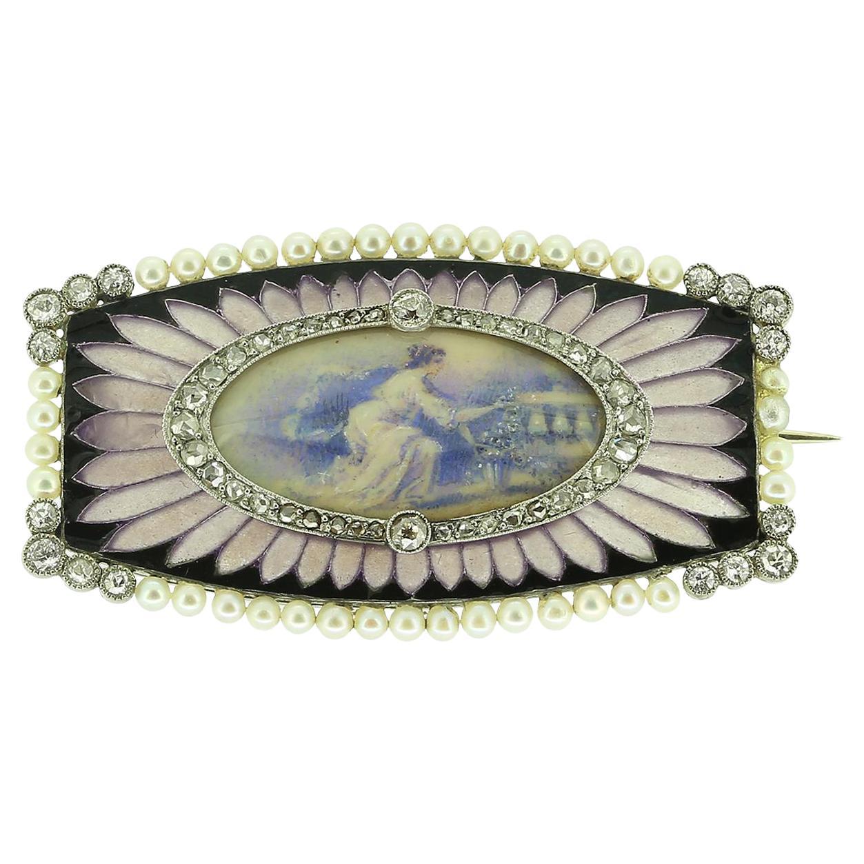 Broche portrait miniature Belle Époque en perles et diamants