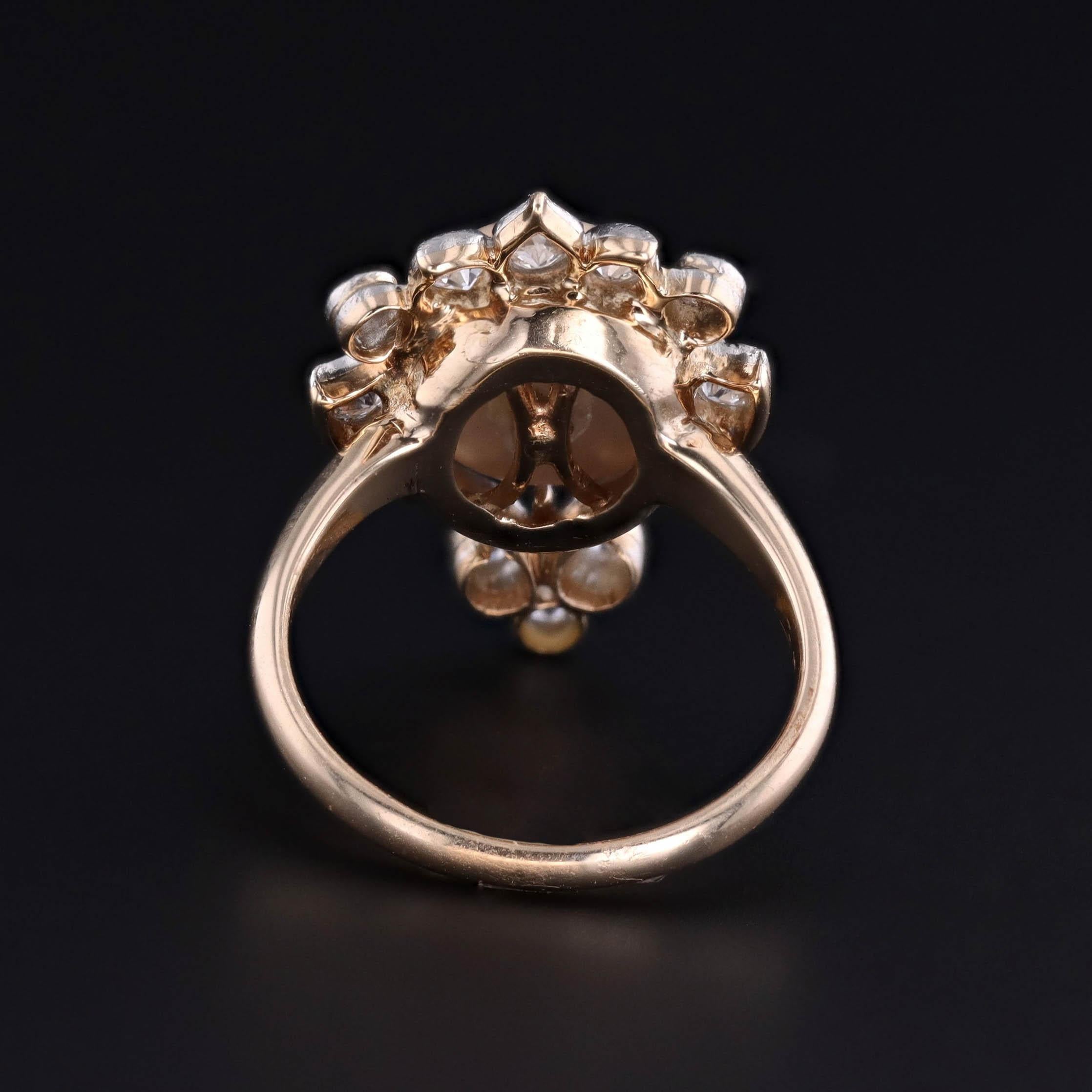 Taglio a sfera Anello Belle Epoque con perle e diamanti taglio antico in platino e oro 12k in vendita