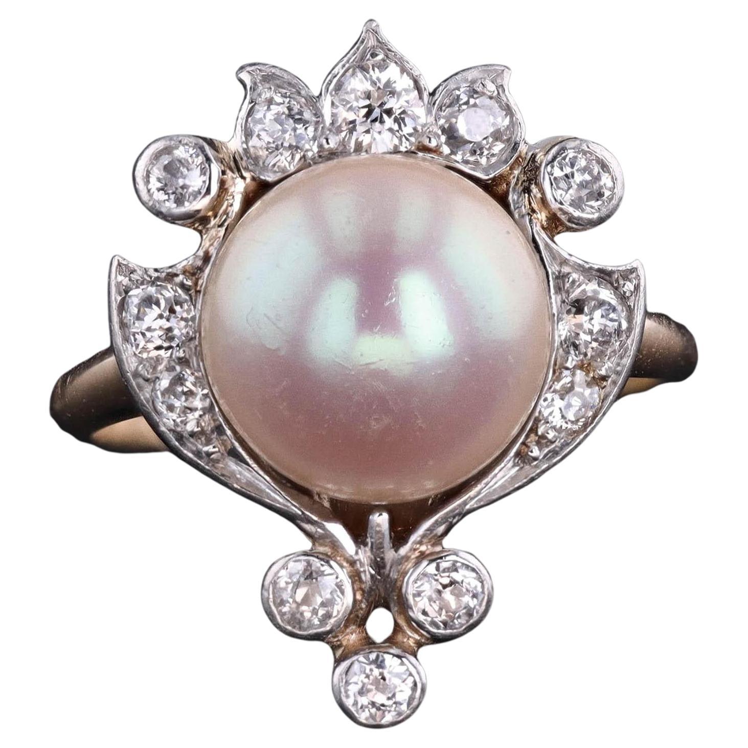 Anello Belle Epoque con perle e diamanti taglio antico in platino e oro 12k in vendita