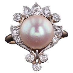 Anello Belle Epoque con perle e diamanti taglio antico in platino e oro 12k