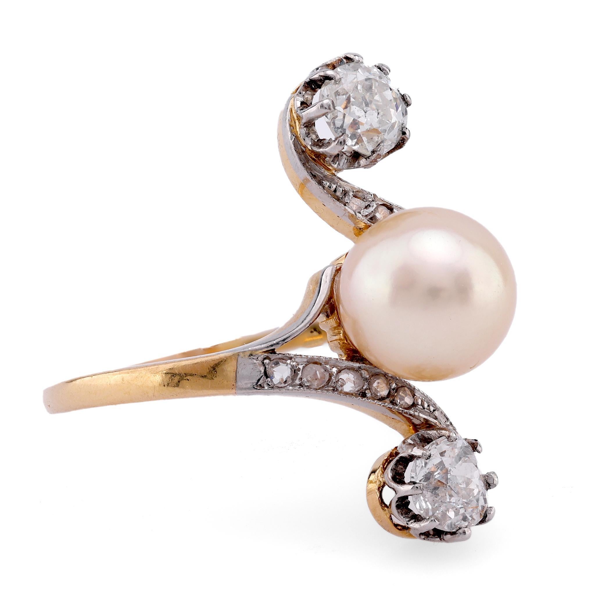 Anillo Belle Époque Perla Diamante Oro Amarillo 18K Toi Et Moi Talla antigua