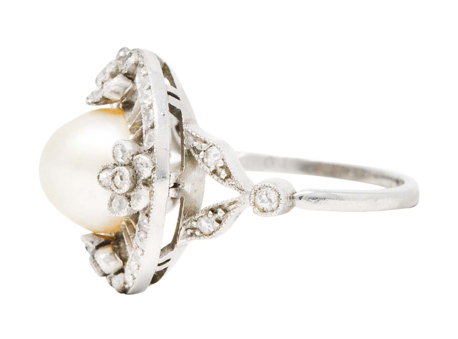 Belle Epoque Pearl Diamond Platinum Floral Cluster Ring In Excellent Condition In Philadelphia, PA