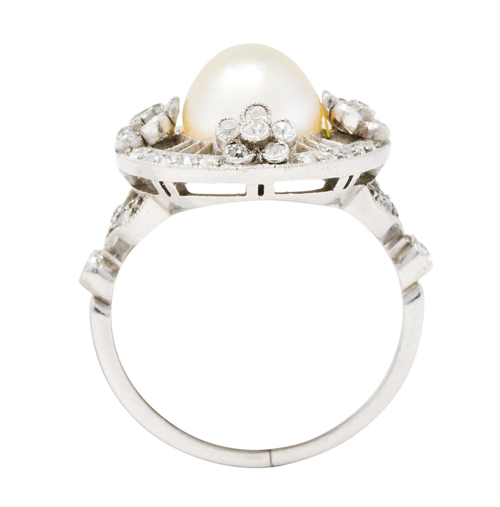 Belle Epoque Pearl Diamond Platinum Floral Cluster Ring In Excellent Condition In Philadelphia, PA