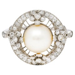 Antique Belle Epoque Pearl Diamond Platinum Floral Cluster Ring