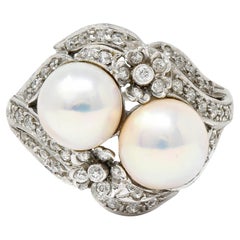 Belle Epoque Pearl Diamond Platinum Toi Et Moi Floral Ring