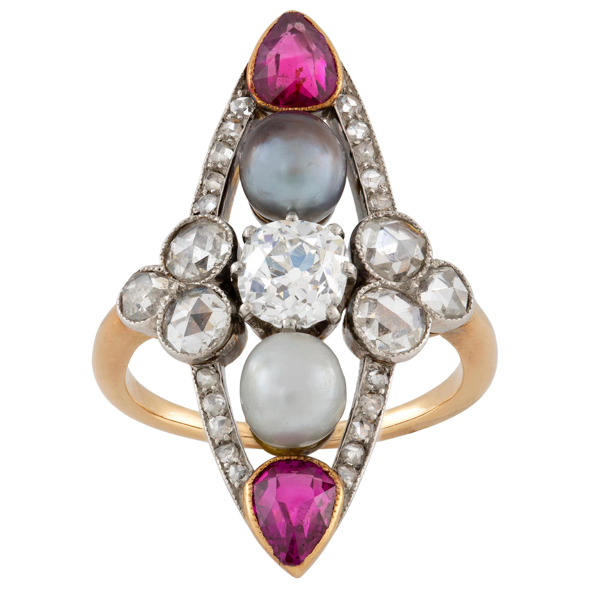Belle Epoque Pearl, Ruby and Diamond Ring For Sale