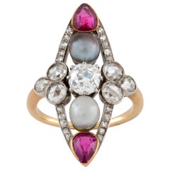 Antique Belle Epoque Pearl, Ruby and Diamond Ring