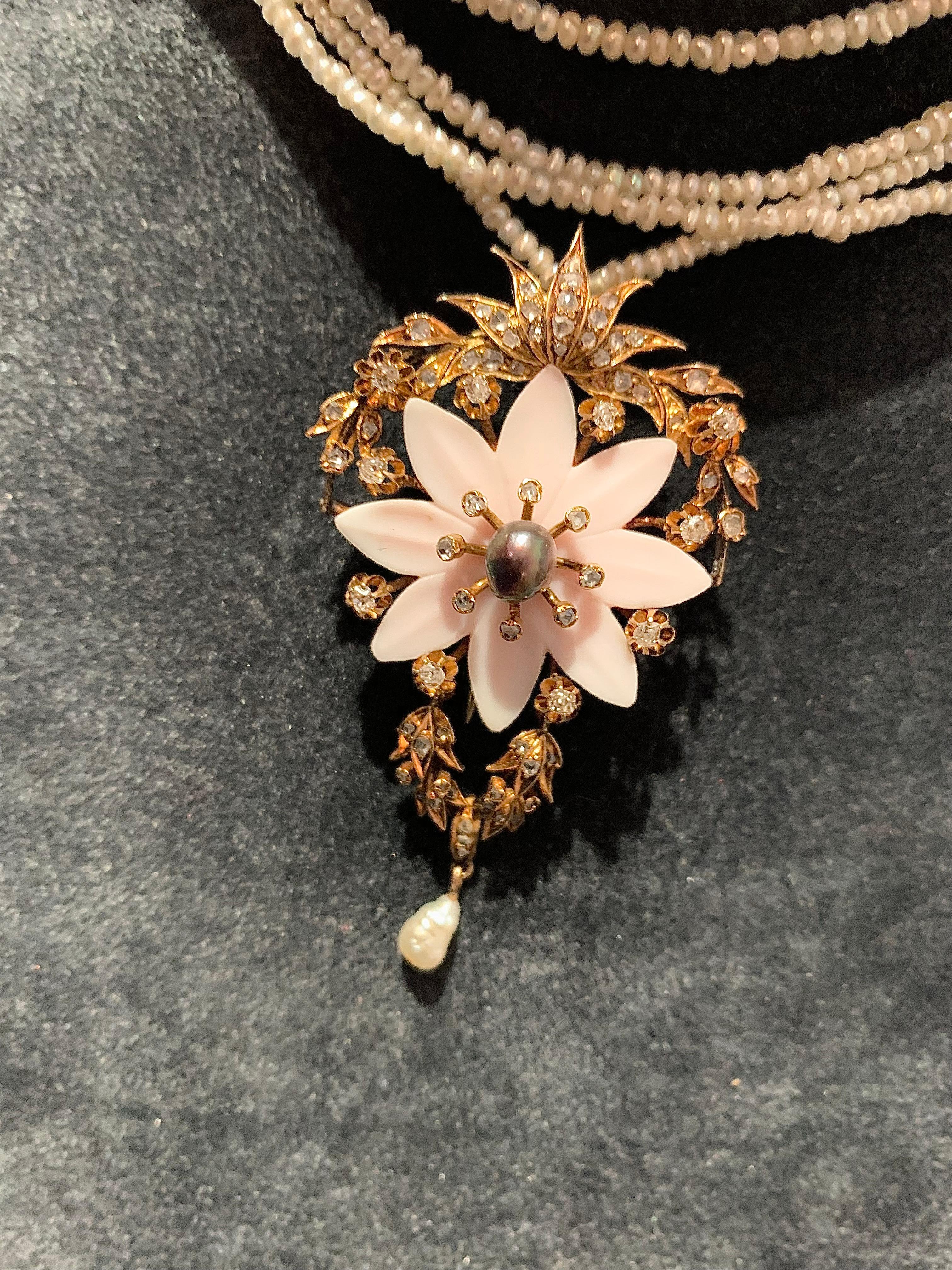 Old European Cut Belle Époque Pendant Brooch Black Pearl Pink Shell Diamond Gold Flower Garland For Sale