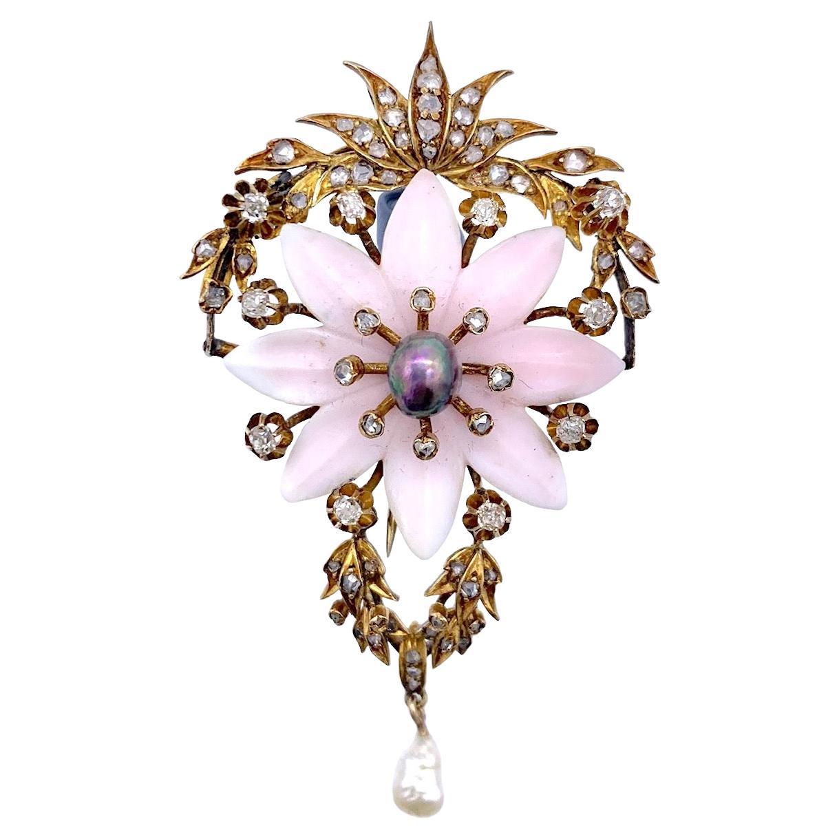 Belle Époque Pendant Brooch Black Pearl Pink Shell Diamond Gold Flower Garland