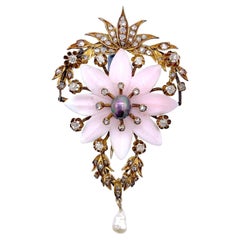 Antique Belle Époque Pendant Brooch Black Pearl Pink Shell Diamond Gold Flower Garland